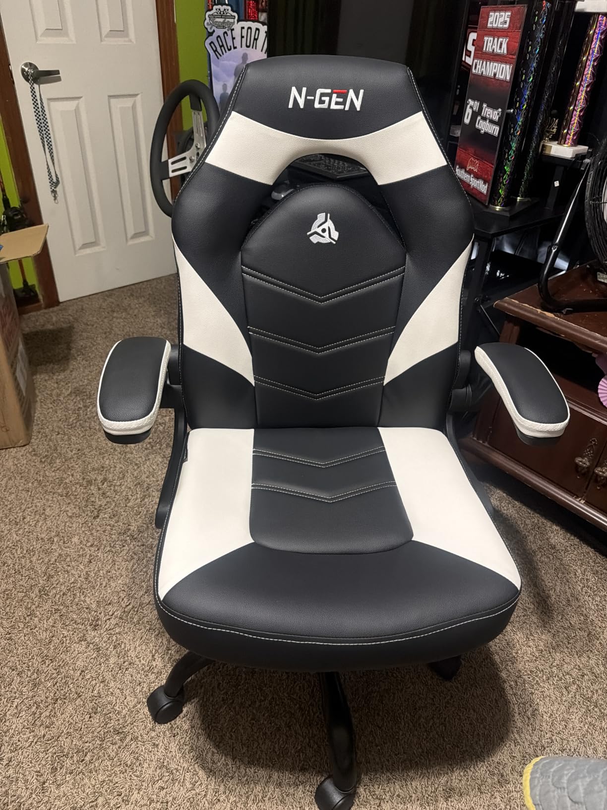 N-GEN Video Gaming Chair Ergonomic Computer Desk Office Chair with Lumbar Support Adjustable Height Swivel Wheels Flip-Up Arms PU Leather Home and Office (Black) customer photo 2