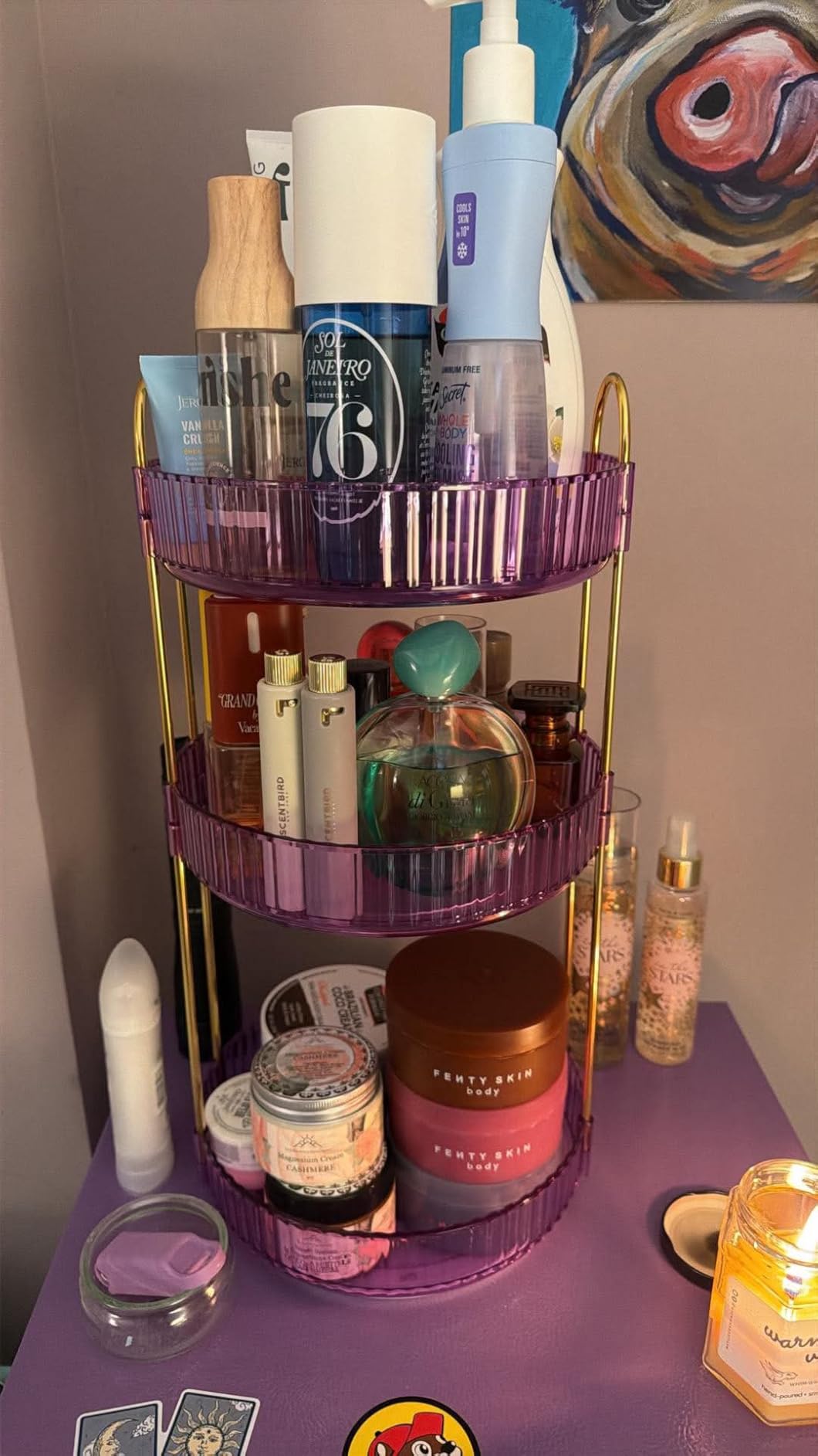 Aveniee 3-Tier 360° Rotating Makeup Organizer, Clear Spinning Perfume Cosmetic Storage for Vanity Countertop, Sturdy Metal Pole Skincare Holder Stand for Bathroom Dresser, White customer photo 1