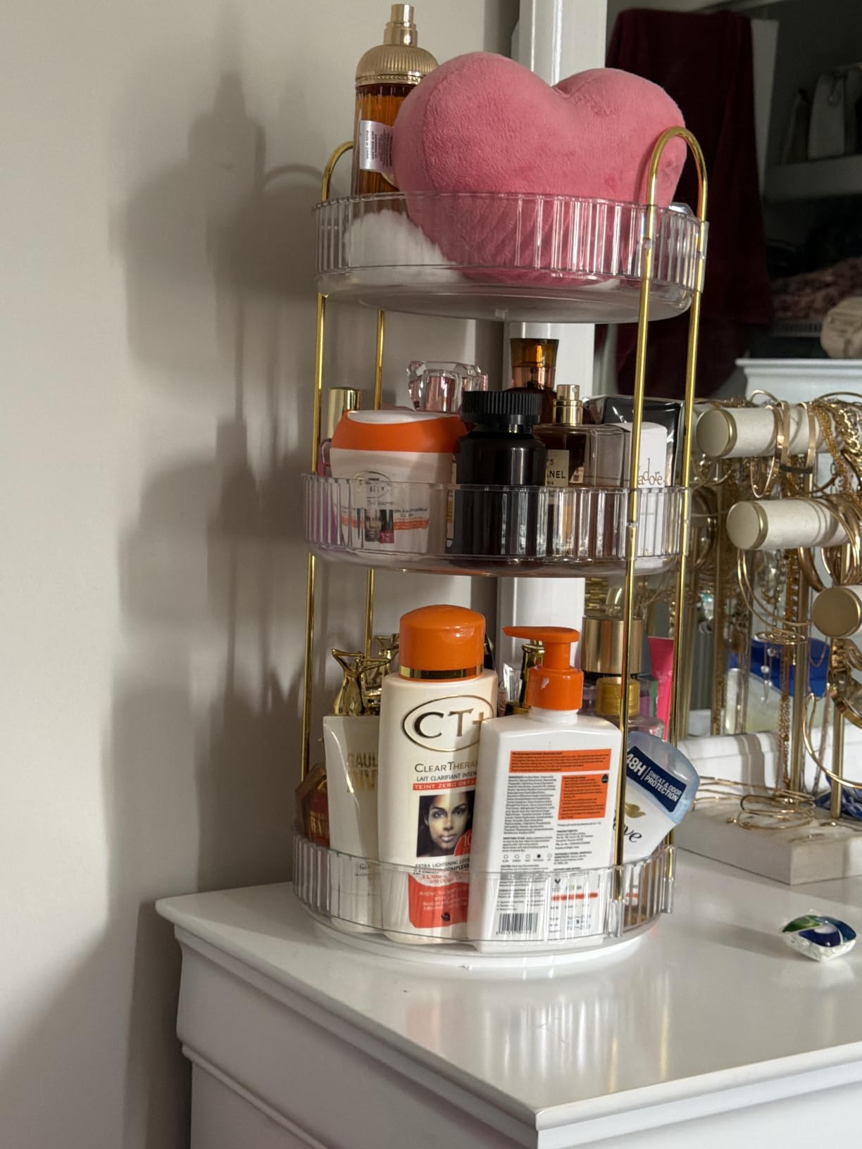 Aveniee 3-Tier 360° Rotating Makeup Organizer, Clear Spinning Perfume Cosmetic Storage for Vanity Countertop, Sturdy Metal Pole Skincare Holder Stand for Bathroom Dresser, White customer photo 2