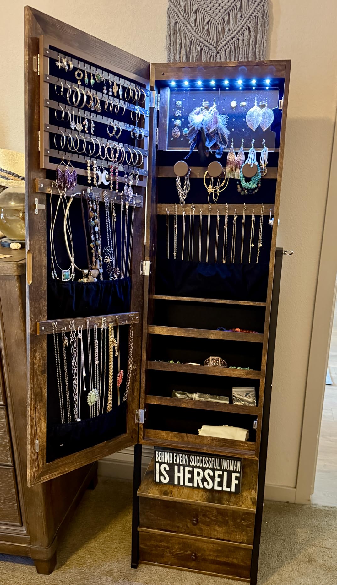 Nicetree Jewelry Cabinet Armoire with 2 Drawers, Lockable Standing Jewelry Mirror Cabinet, Full Length Mirror with Jewelry Storage, Rustic Brown customer photo 1
