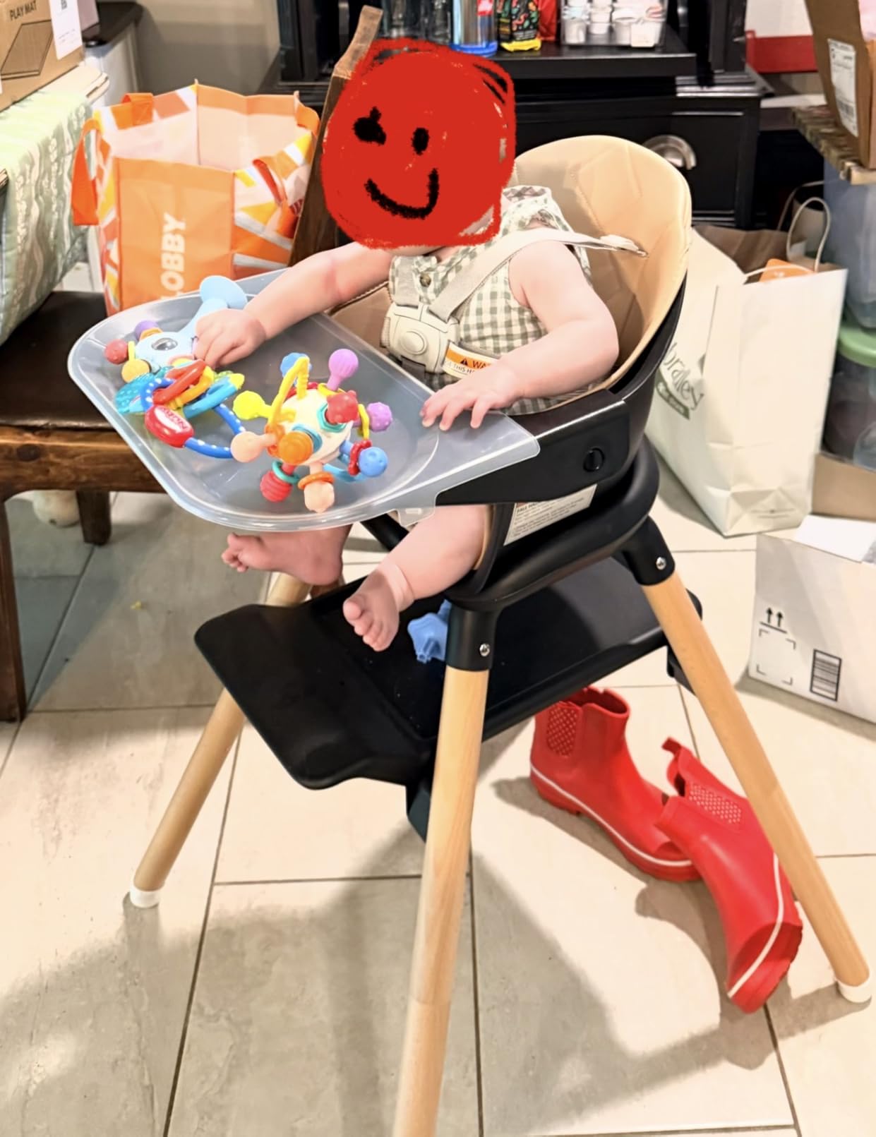 6 in 1 Wooden Convertible High Chairs for Babies and Toddlers, Booster Seat with Double Tray & Reversible Footrest Baby Highchair, 5-Point Harness Baby Feeding Chair, Beige customer photo 1