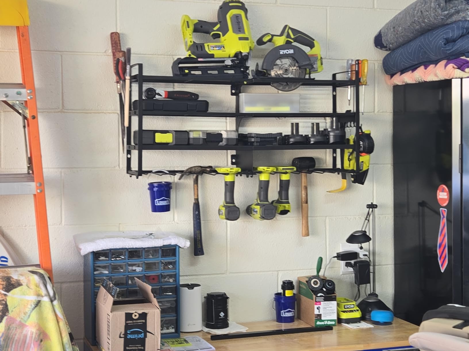 POKIPO Large Power Tool Organizer Wall Mount, 4 Layers Heavy Duty Metal Loads 400lbs, Power Tool Shelf Battery Storage with 8 Cordless Drill Holder, Utility Racks for Garage Workshop customer photo 2