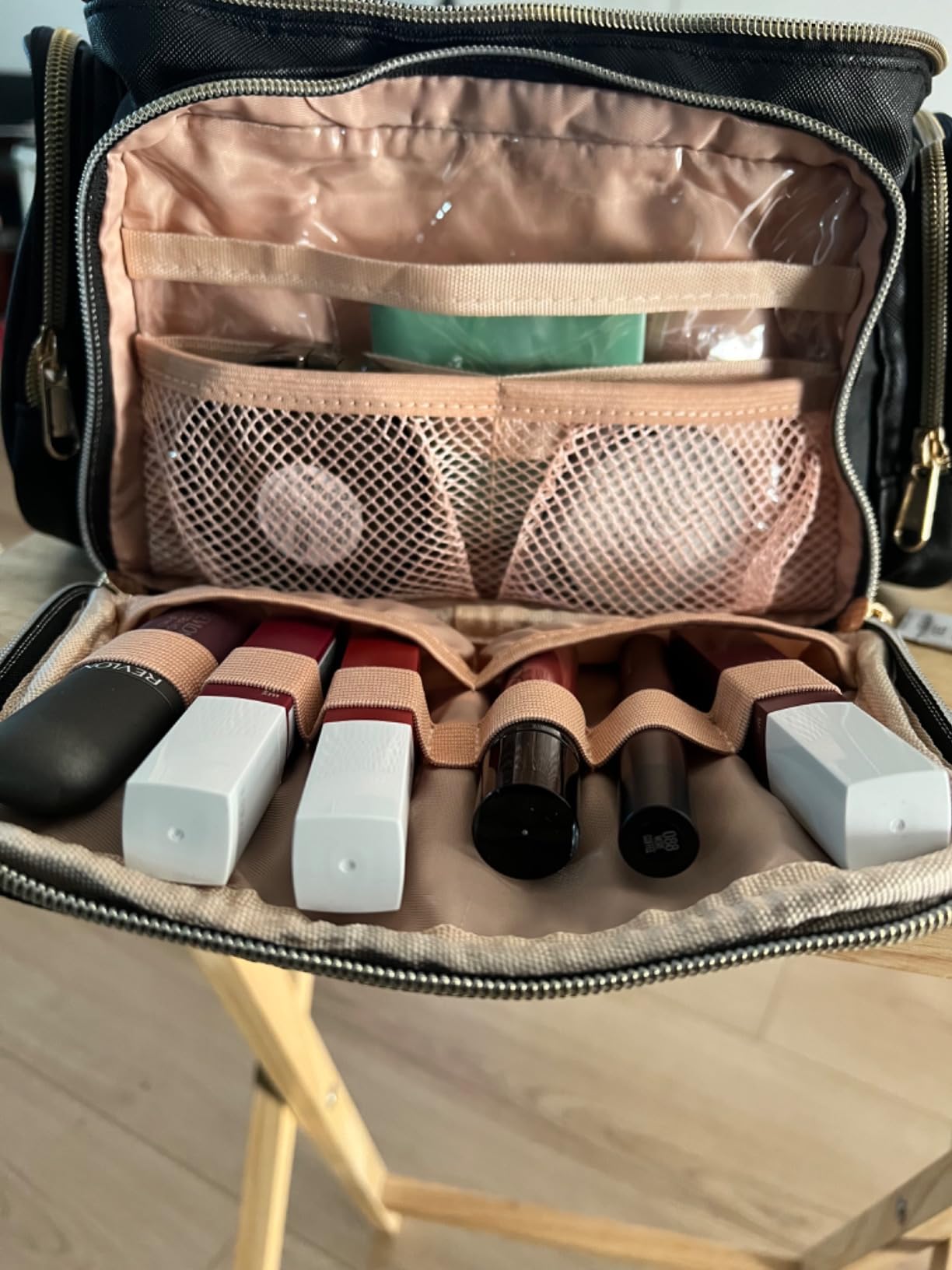 Bagmoly Large Makeup Bag, Portable Travel Makeup Bag Organizer for Women Girls with Makeup Brush Compartment & Two Side Pockets, Cosmetic Travel Bag Vertical Storage Toiletry Bag - Black customer photo 2