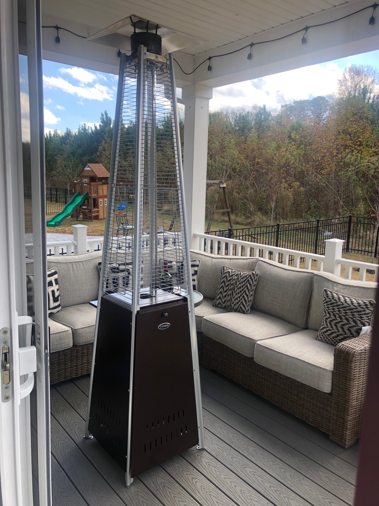 FOOWIN Patio Heater,48,000 BTU Outdoor Heater with Wheels,Propane Patio Heater w/Waterproof Cover & Gloves, for Outdoor Use,Party,Backyard,Garden,Black customer photo 1