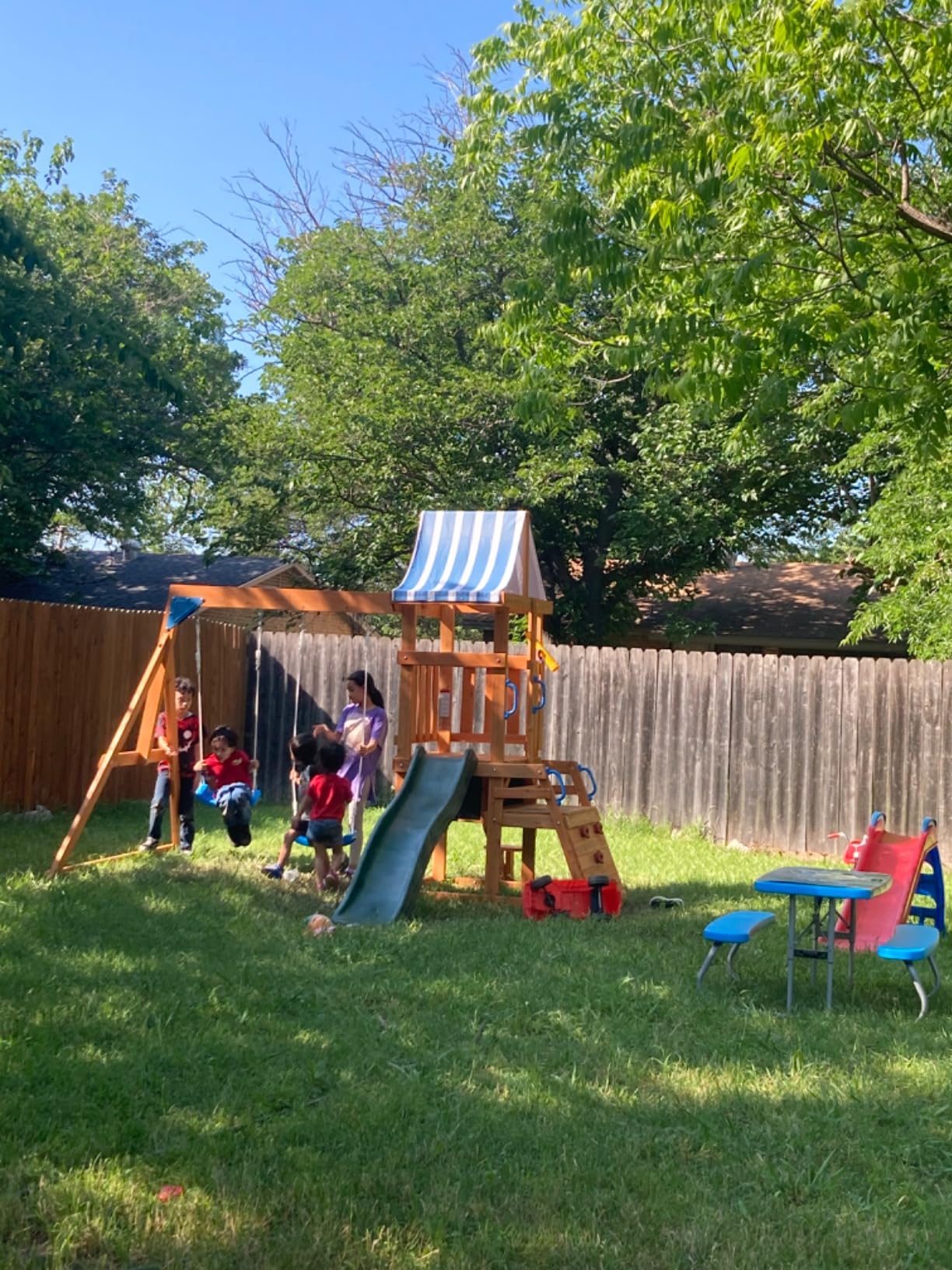 ROBOTIME Wooden Swing Set for Backyard, All-in-One Kids Playset, Ages 3-10 | Outdoor playset with swing slide and climbing rope, builds gross motor skills and confidence, for active kids ages 3-10 customer photo 2