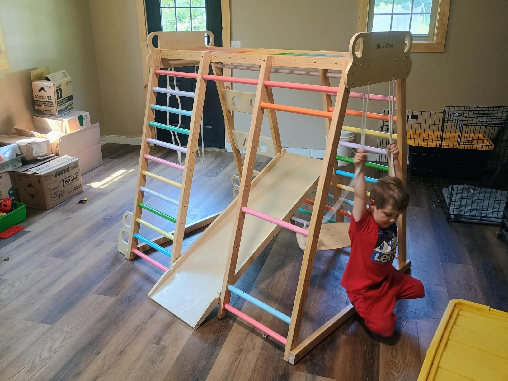 BlueWood Upgraded Indoor Jungle Gym 9-in-1 Playground Kids Climbing Toys | Waldorf Style Wooden Climber Playset with Slide, Swing, Monkey Bars, Upright/Rope Ladder, Climb Net, Rainbow customer photo 2
