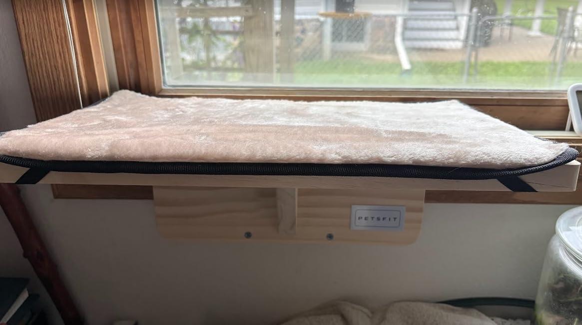PETSFIT Cat Window Perch, Natural Solid Wood Cat Hammock with Removable Fleece Mat, Easy to Assemble Window Perch for Large Cats, Fits Windowsill, Bedside & Drawer customer photo 1