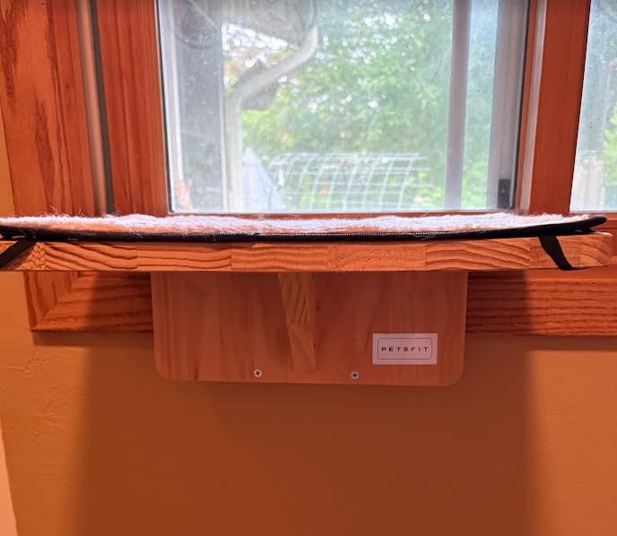 PETSFIT Cat Window Perch, Natural Solid Wood Cat Hammock with Removable Fleece Mat, Easy to Assemble Window Perch for Large Cats, Fits Windowsill, Bedside & Drawer customer photo 2
