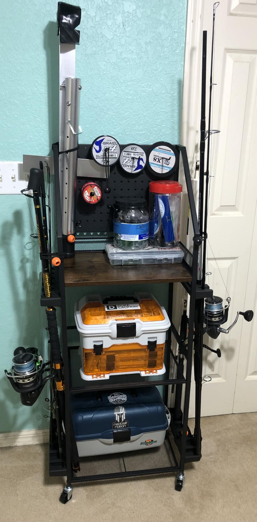 SOYEEZE Fishing Rod Holders for Garage, Fishing Pole Holders Up to 12 Rods with Pegboard and Hooks, Rolling Fishing Cart with Wheels, Fishing Gear Storage For Tackle Box & Reel Organization customer photo 2