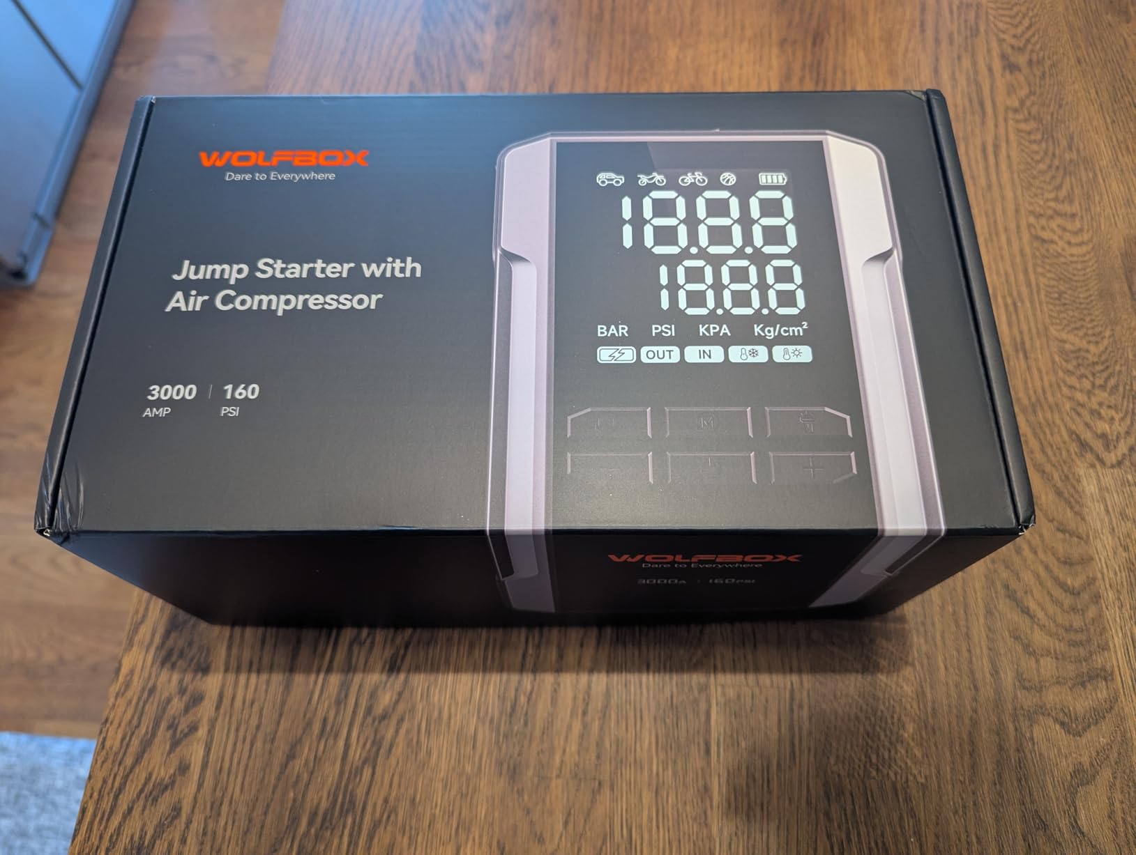 WOLFBOX MV16A 3000A Jump Starter with Air Compressor, 59.2Wh&160PSI Portable Car Battery Jump Starter with 65W Fast Charging, 12V Battery Pack (8L Gas 6L Diesel) with Boost, Light and Jumper Cables customer photo 1