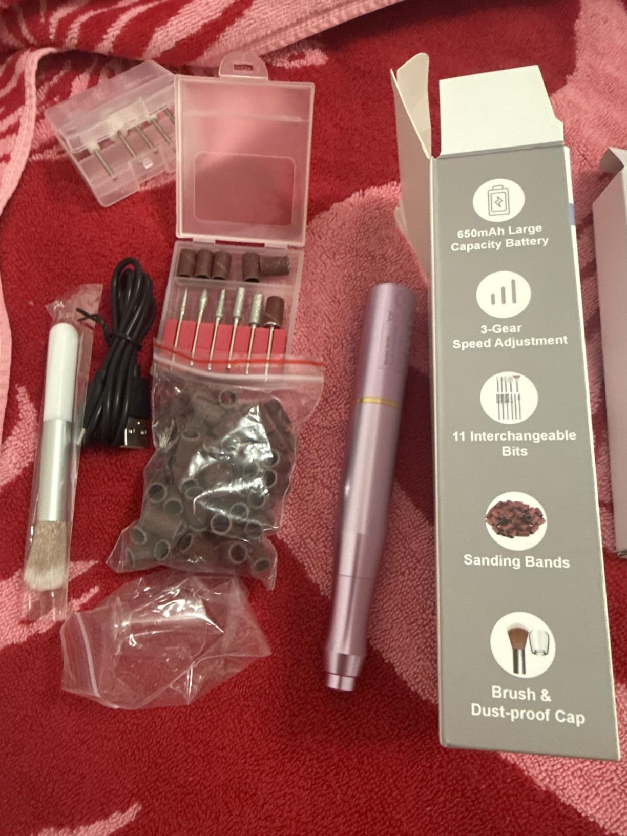 TUOBEO Cordless Nail Drill Electric Nail File Kit, Rechargeable Efile Set, Portable Acrylic Gel Nail Polish Remover Machine, Pedicure Manicure Tool, 11 Bits, 56 Sanding Bands, Salon Home, Purple customer photo 1