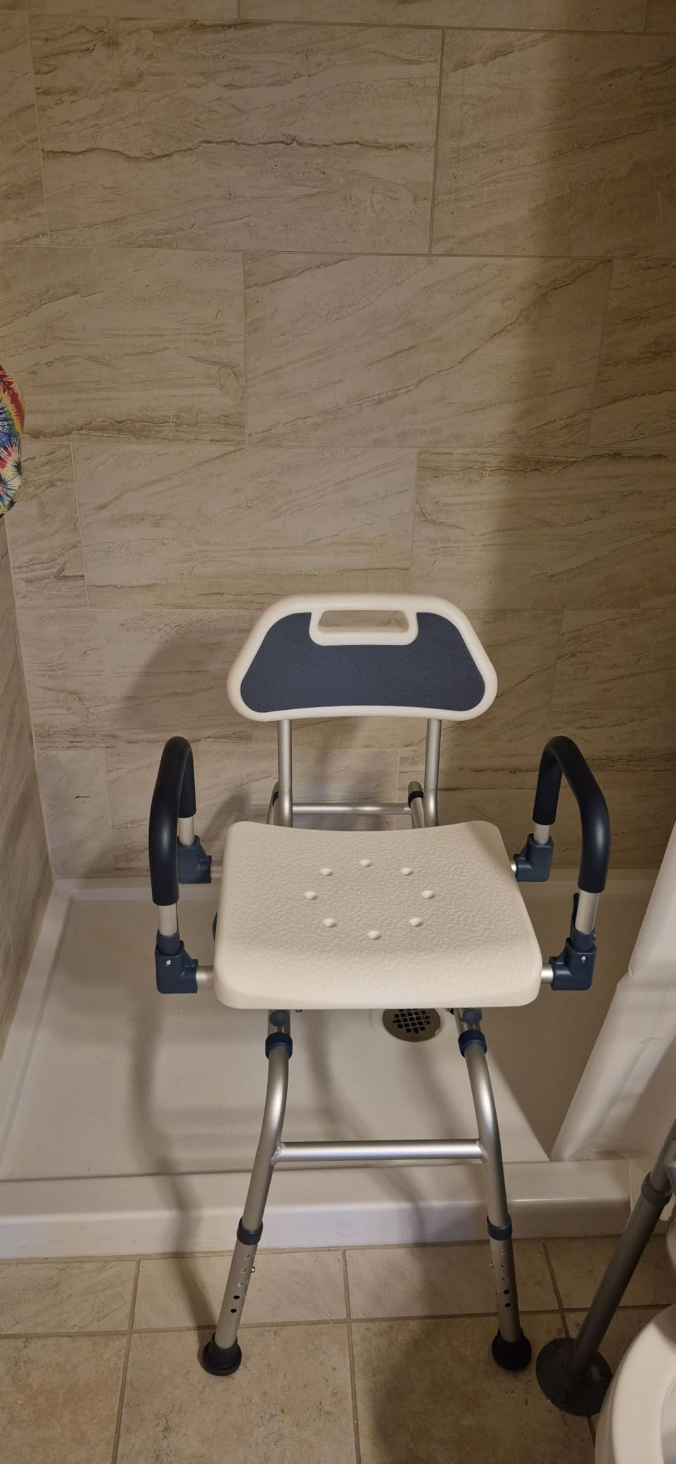 Sliding Shower Chair Tub Transfer Bench with Swivel Seat, Shower Bench for Elderly and Disabled, with Security Belt, 360 Rotation, Slides and Rotates, Adjustable,one Touch Slide Button, Dark Blue customer photo 1
