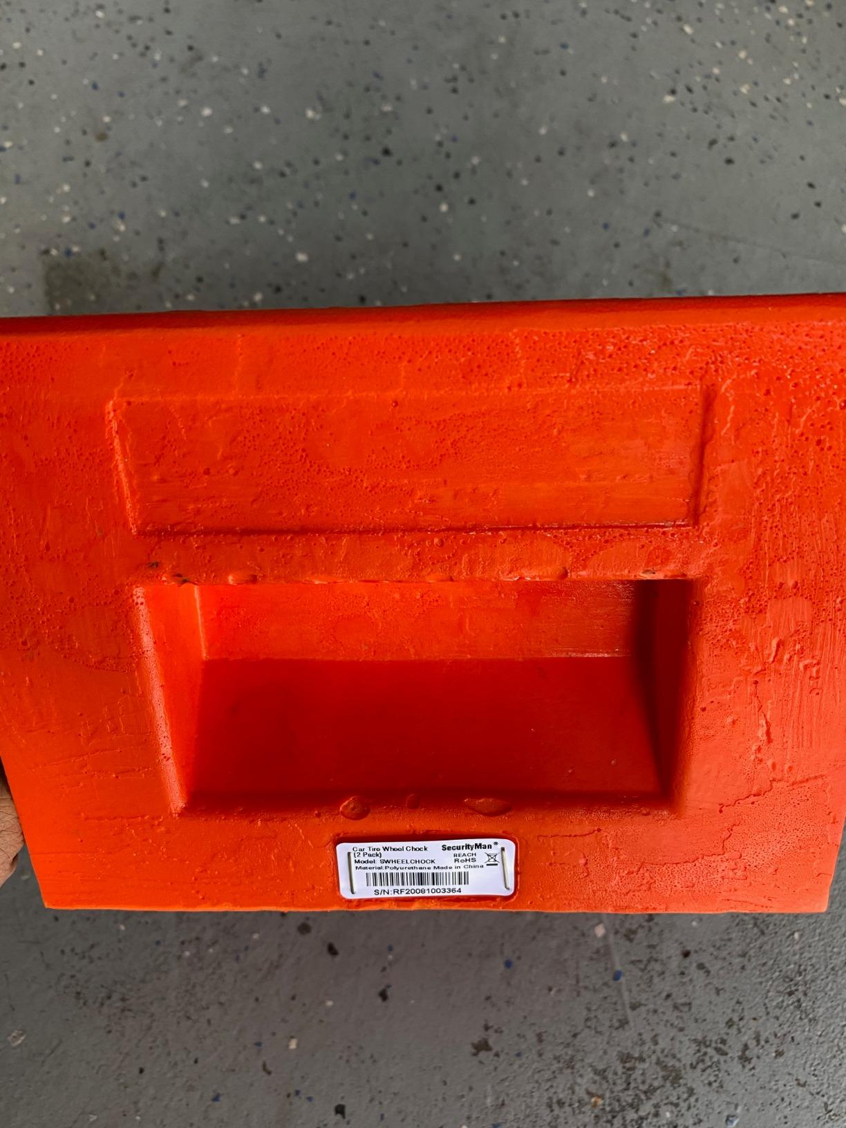 SECURITYMAN 4 Pack Wheel Chocks - Constructed of Heavy Duty Solid Polyurethane Rubber for 20,000 lbs - Great for RV, Camper, Truck, Travel Trailer Wheel Chocks - All Surfaces and All Weather - Orange customer photo 2