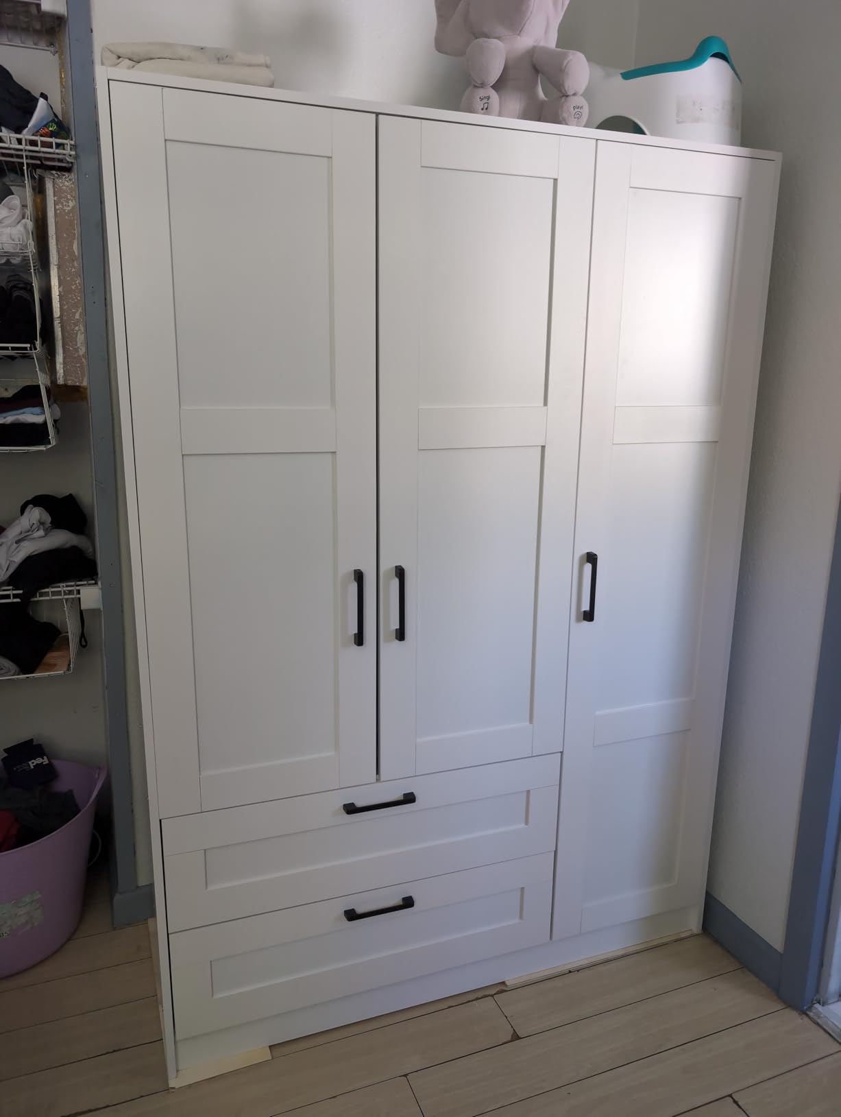 Fenghua Lizhi 3 Doors Wooden Wardrobe Closet Armoire, White Storage Cabinet for Hanging Clothes, Bedroom Large Capacity Freestanding Armoire, Wood Wardrobe Combination with Shelves (2drawer, White) customer photo 2