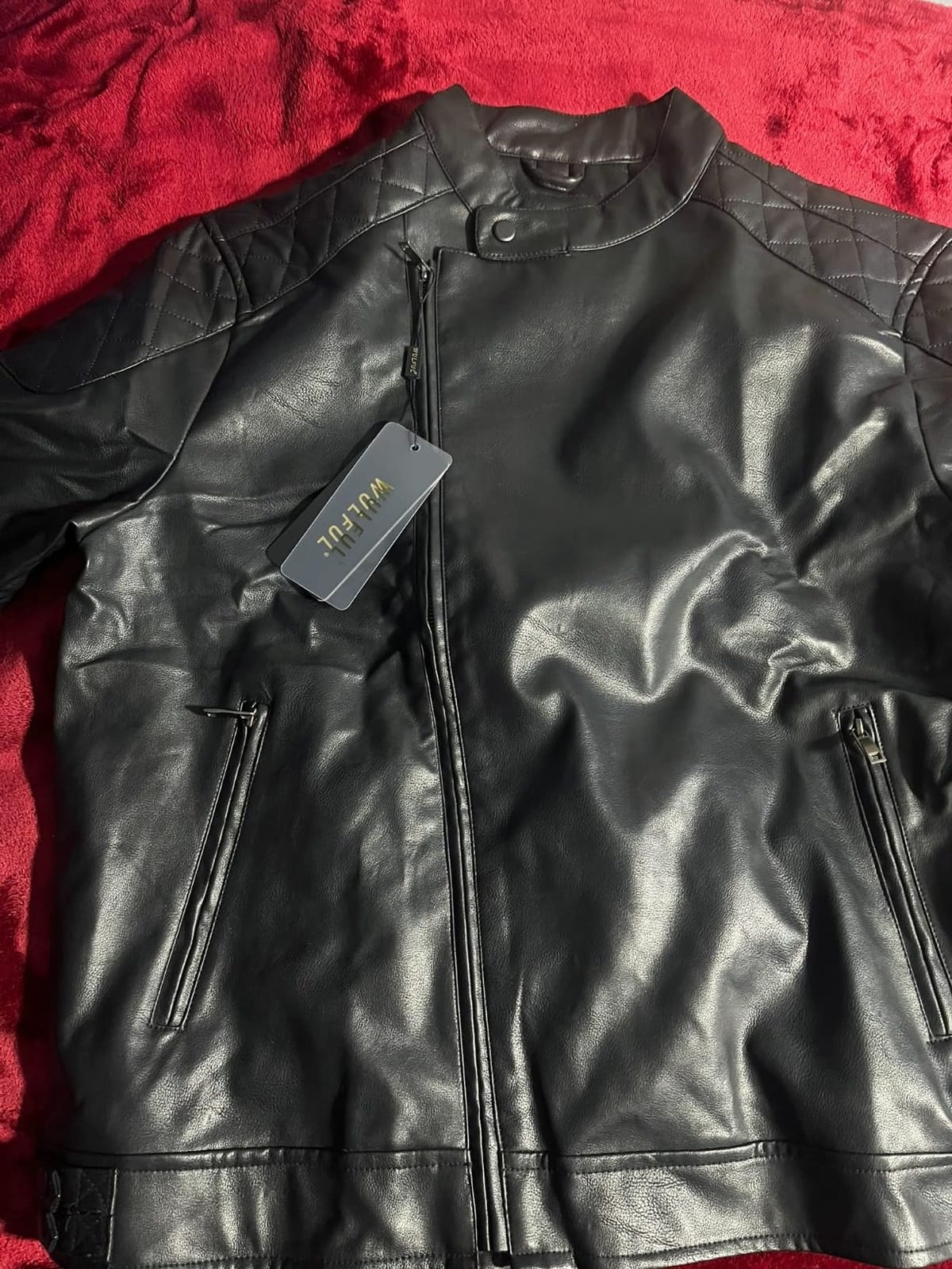 Men's Leather Jackets, Faux Bomber Jacket for Men Motorcycle Lapel Asymmetric Zip-Up Slim Fit Biker Coat customer photo 1