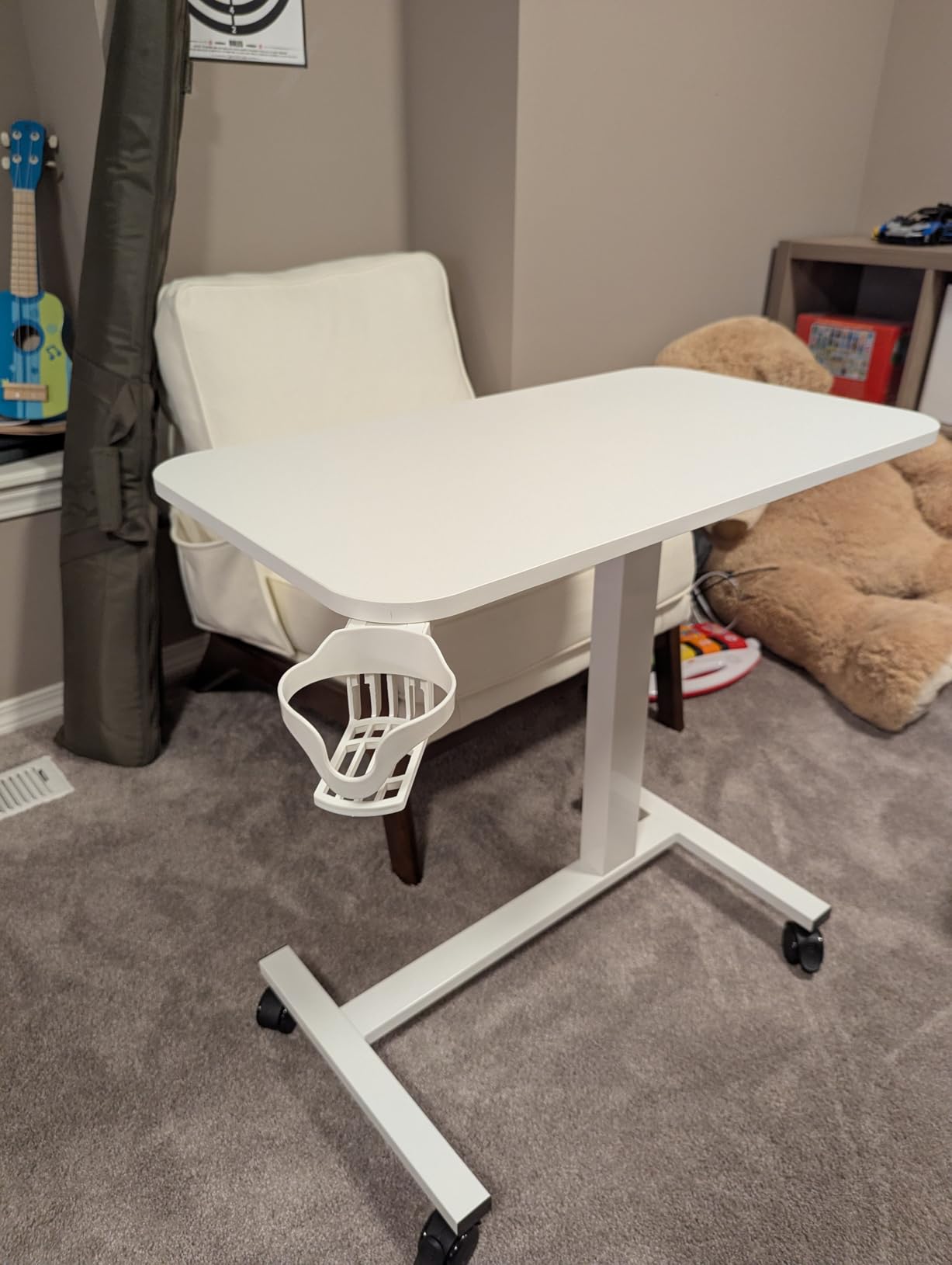 COMHOMA Adjustable Overbed Bedside Table with Lockable Wheels, Pneumatic Mobile Standing Laptop Desk, Small Portable Rolling Overbed Table Hospital Home Use customer photo 2