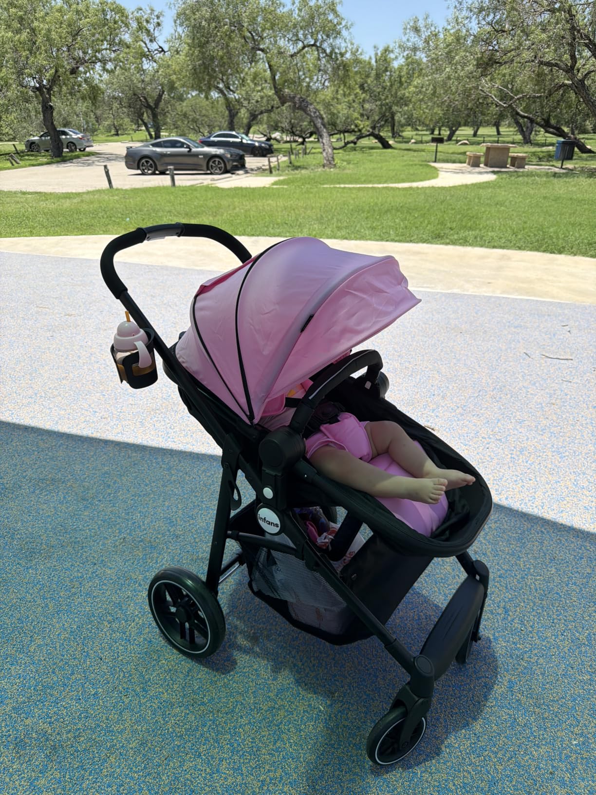 INFANS 2 in 1 Baby Stroller, High Landscape Infant Stroller & Reversible Bassinet Pram, Foldable Pushchair with Adjustable Canopy, Cup Holder, Storage Basket, Suspension Wheels (Khaki) customer photo 2