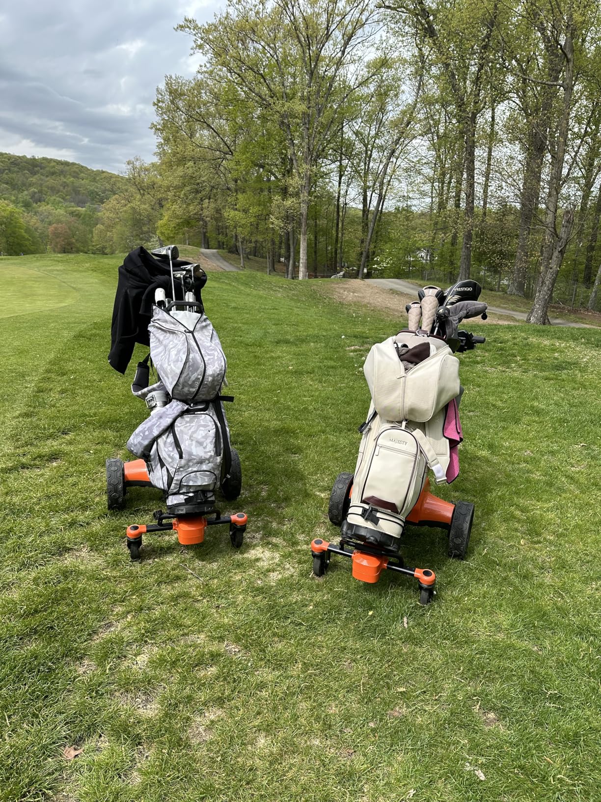 tianhong G5 Electric Golf Cart, Electric Golf Push cart Auto-Follow You, 45 Hole Battery, All-Terrain Anti-Tipping, Electric Golf Push cart with Remote (APP/Manual Control), Foldable, Black+Orange customer photo 1