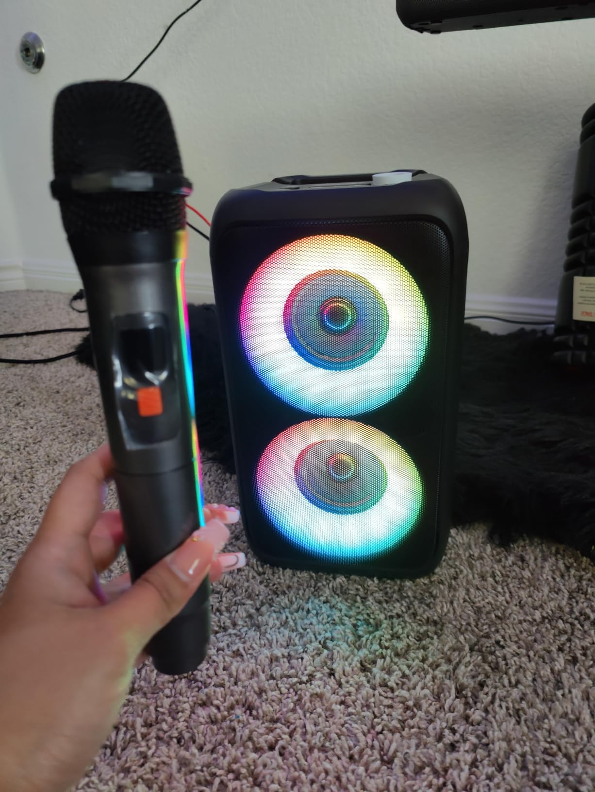 Bluetooth Speaker with 2 Wireless Microphones - Big Party Speaker for Adults Kids Karaoke with Lights - Portable Rechargeable Home Theater Systems Support TWS/AUX/USB/TF Card for Home Party Gift customer photo 2