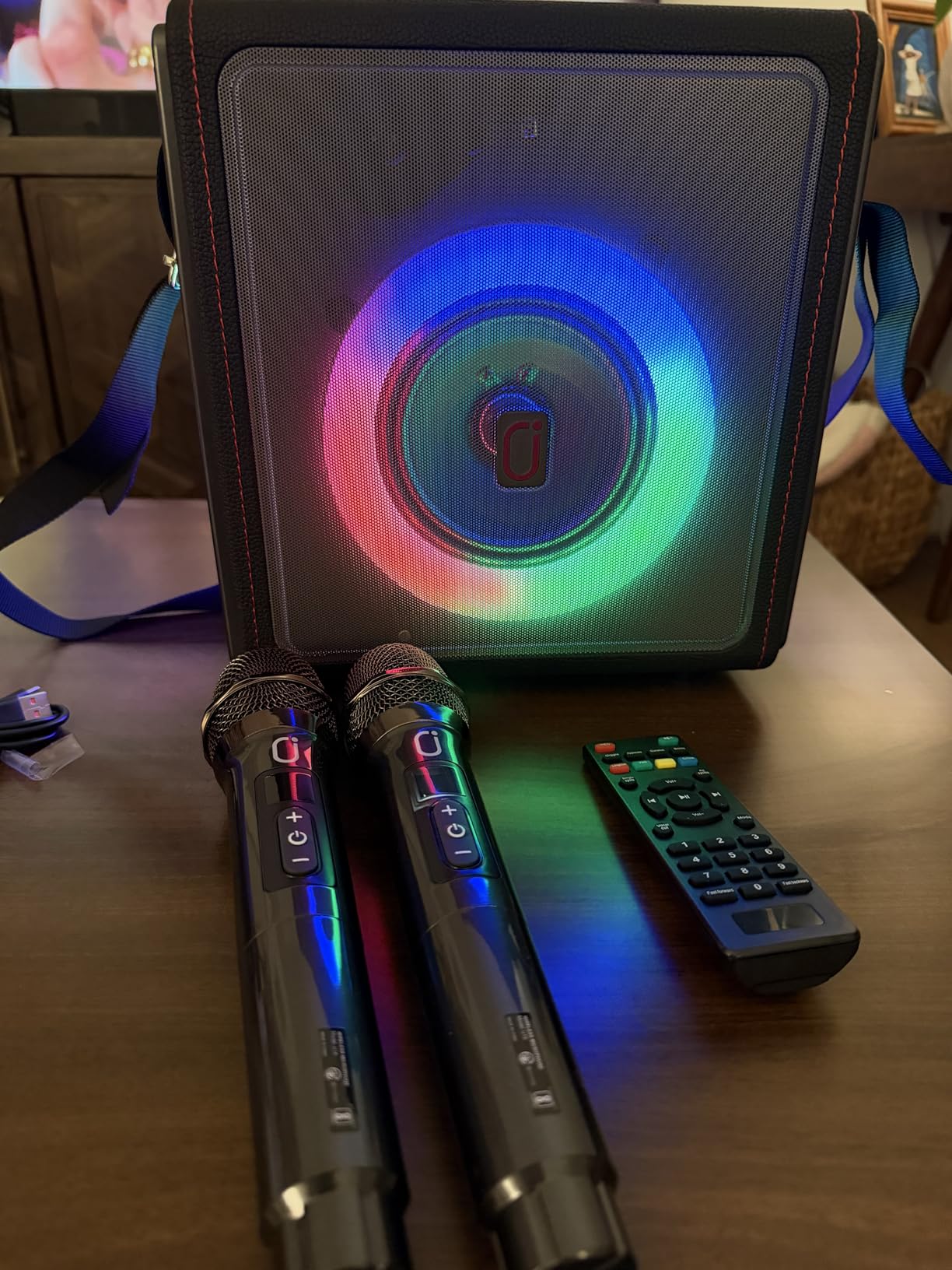 Karaoke Machine for Adults with 3 Wireless Microphones, 300W PA System | Pitch Correction, Bluetooth 5.3, Retro Leather Design, TV Connection, TWS Stereo and Live Performance Support customer photo 1