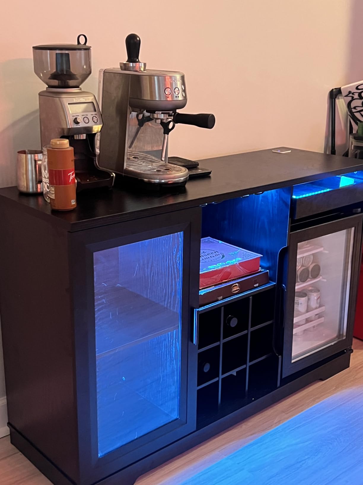 BROTTAR Coffee Bar Cabinet with Fridge (Fridge Included), Large Liquor Bar Cabinet with LED Lights, Glass Holder & Wine Rack, Wine Cabinet with Human Body Sensor, Buffet Sideboard for Home, Black customer photo 2