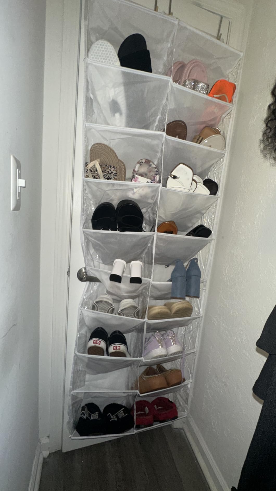 UVIAHOMI 20-30 Pairs Over the Door Shoe Organizer, Clear Pockets Hanging Shoe Storage for Closet, 10-Tier Door Shoes Rack, Handing Shoes Holder Fit All the Family's Sneakers, Boots, Heels, Black customer photo 1
