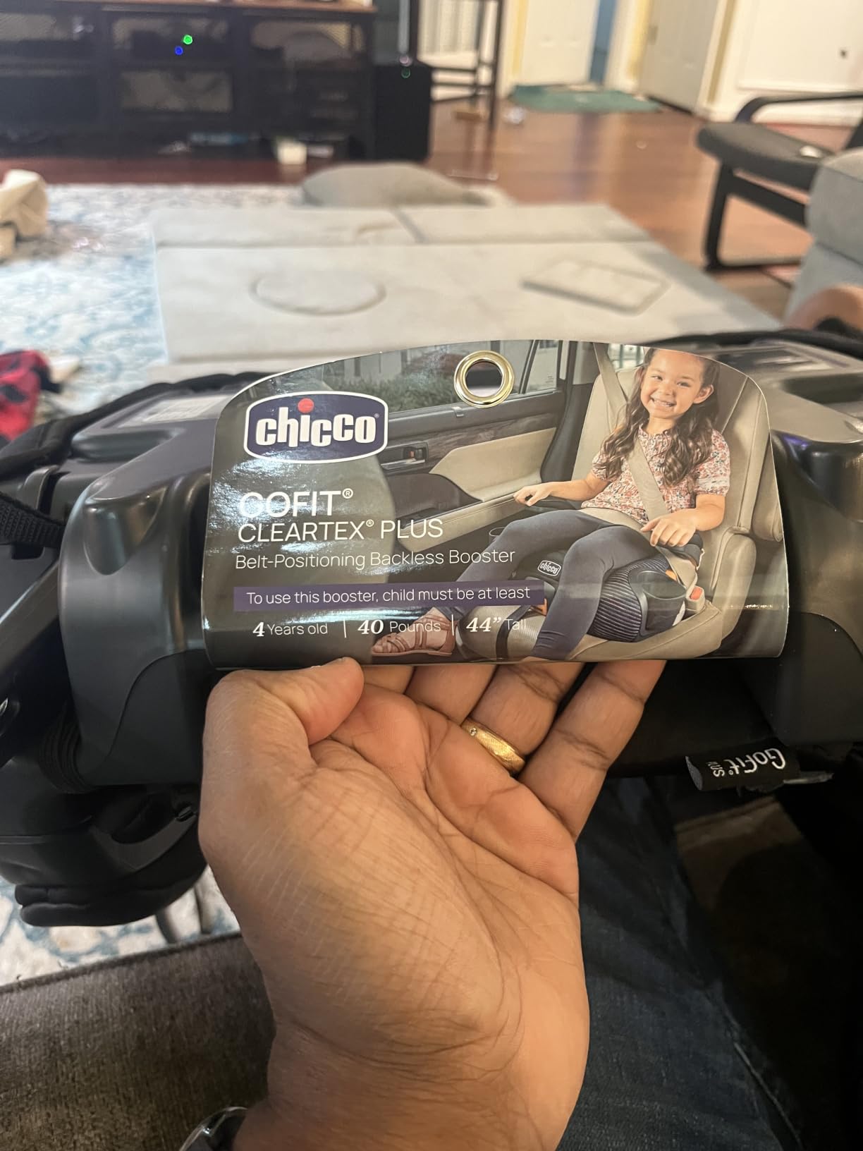 Chicco GoFit ClearTex Plus Backless Booster Car Seat, Latch, 40-110 lbs | Obsidian/Black, Ages 4+, ErgoBoost Foam Padding, Flame Retardant-Free, GREENGUARD Gold, Washable Pad, Portable Booster Seat customer photo 1