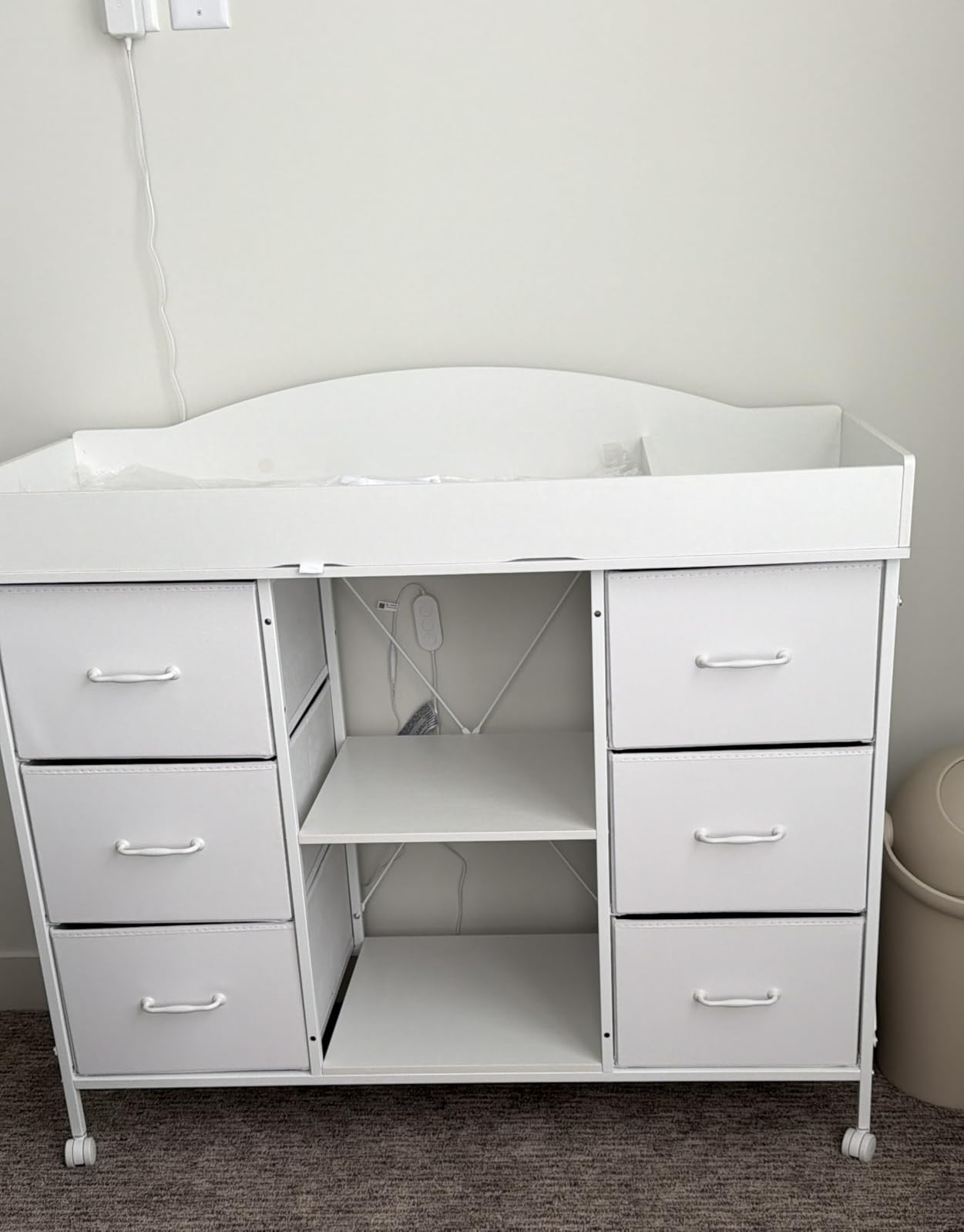 Yetom Changing Table, 6-Drawer Baby Dresser with Changing Table top, Waterproof Diaper Changing Station & Pad, 2 Height-Adjustable Open Storage Shelves, Mobile Nursery Organizer, White customer photo 1