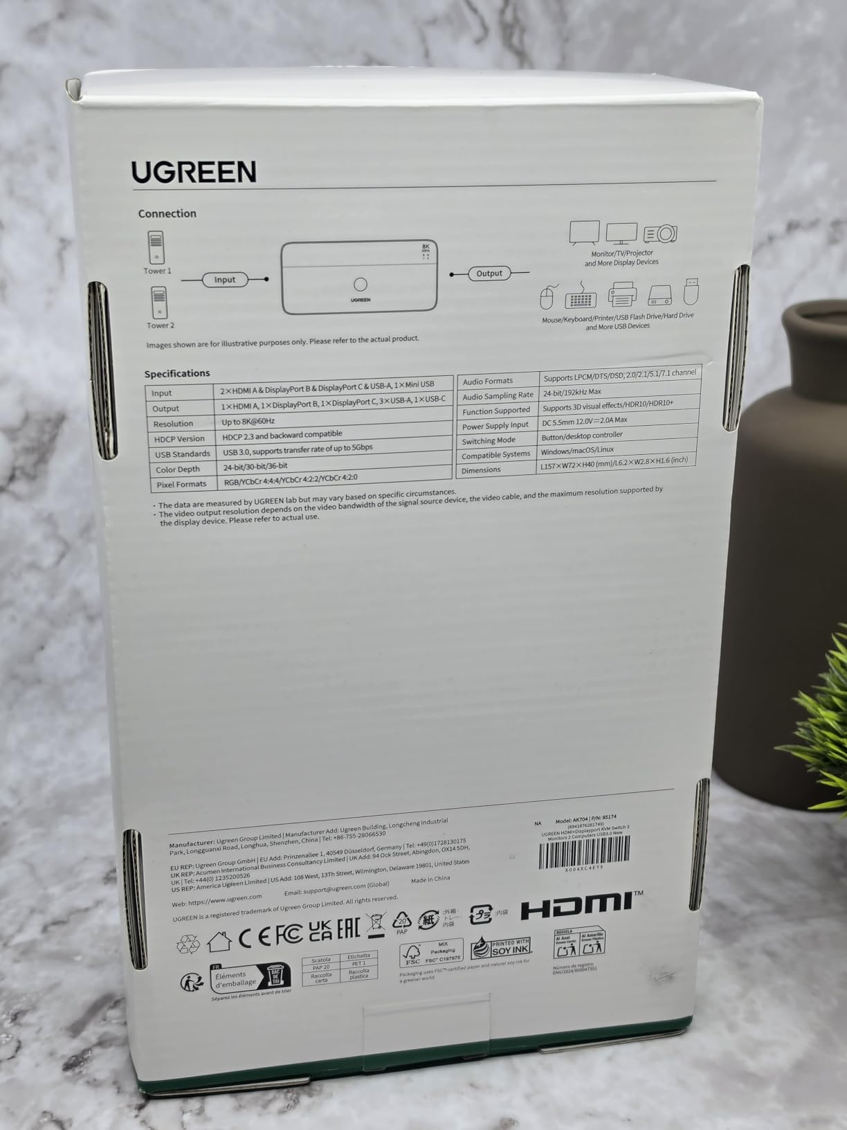 UGREEN 8K@60Hz HDMI Displayport KVM Switch 3 Monitors 2 Computers, Aluminum 4K@240Hz with 4 USB 3.0 Ports for 2 Computers Share Triple Monitors with 4 DP+2 HDMI+2 USB Cables/Power Adapter/Controller customer photo 2