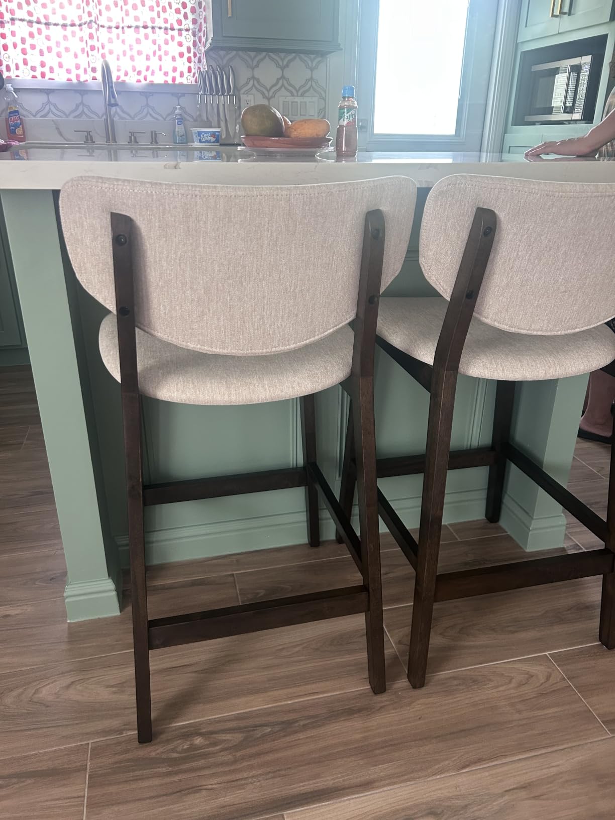 PrimeZone 26 Inch Kitchen Counter Height Barstools Set of 2, Walnut & Beige | Upholstered Bar Stools with Back & Rubber Wood Legs, Mid-Century Modern Counter Stool Chair for Kitchen Island, Dining Room customer photo 1