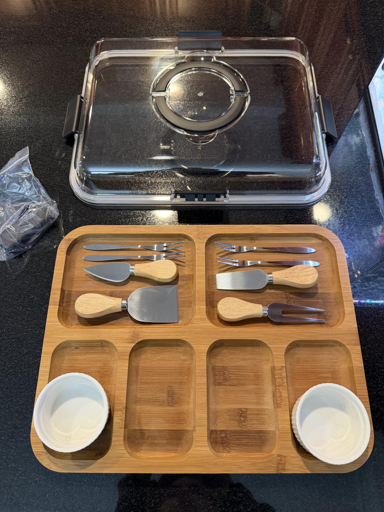 Charcuterie Board with Lid, Carbonized Bamboo, Knives Set and Bowls | Portable Double-Sided Locking Design, Cheese, veggie & Snack Serving Tray, Great for Picnics & Housewarming Gifts customer photo 2