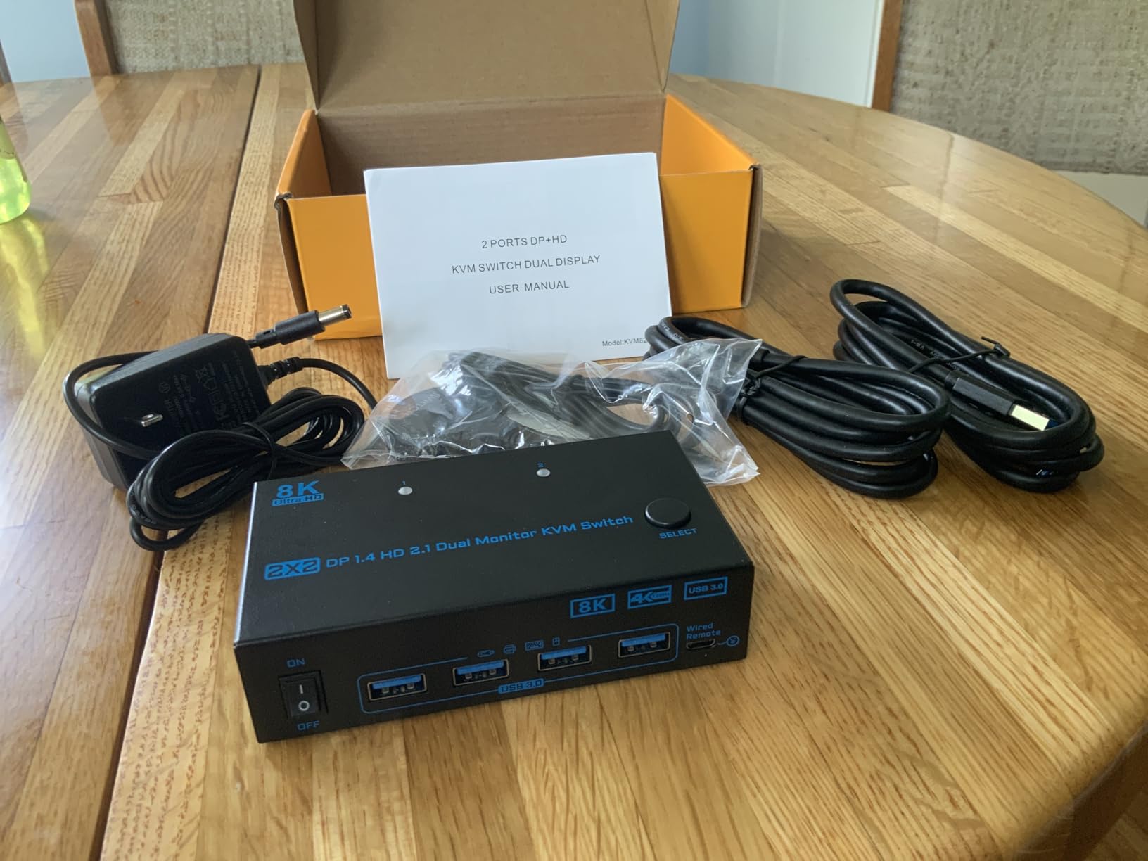 KVM Switch 2 Monitors 2 Computers 8K Displayport 1.4 and HDMI 2.1 Dual Monitor USB 3.0 2 IN 2 Out KVM Switch for 2 PCs Share 2 Screens Support Max 8K@60Hz/4K@144Hz, with Wired Remote & 12V Power Cable customer photo 2