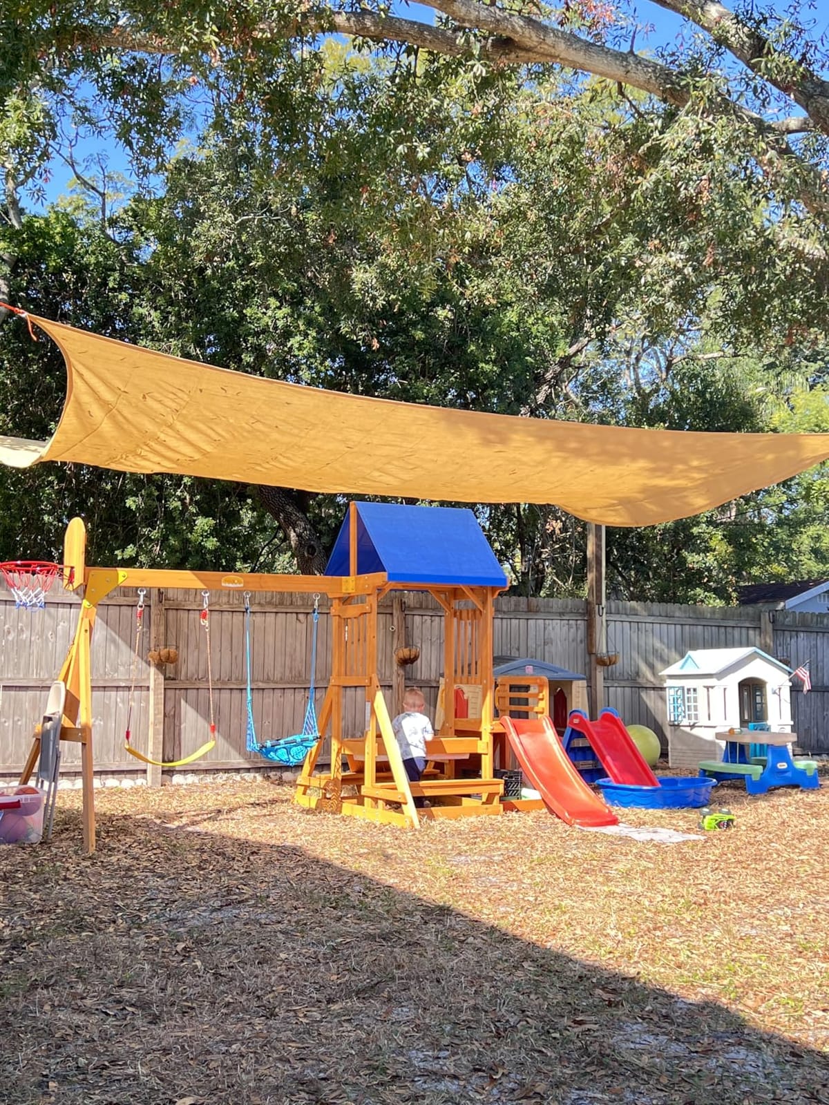 SUNIBOXI Wooden Swing Sets for Backyard, for Ages 3-10 | Kids Outdoor Playground Set, Picnic Table with Canopy, Monkey Bars, Robe Ladder, Cargo Net, Slide, Swings, Drawing Boards customer photo 1
