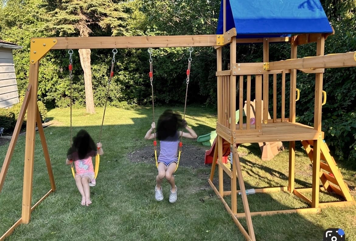 SUNIBOXI Wooden Swing Sets for Backyard, for Ages 3-10 | Kids Outdoor Playground Set, Picnic Table with Canopy, Monkey Bars, Robe Ladder, Cargo Net, Slide, Swings, Drawing Boards customer photo 2