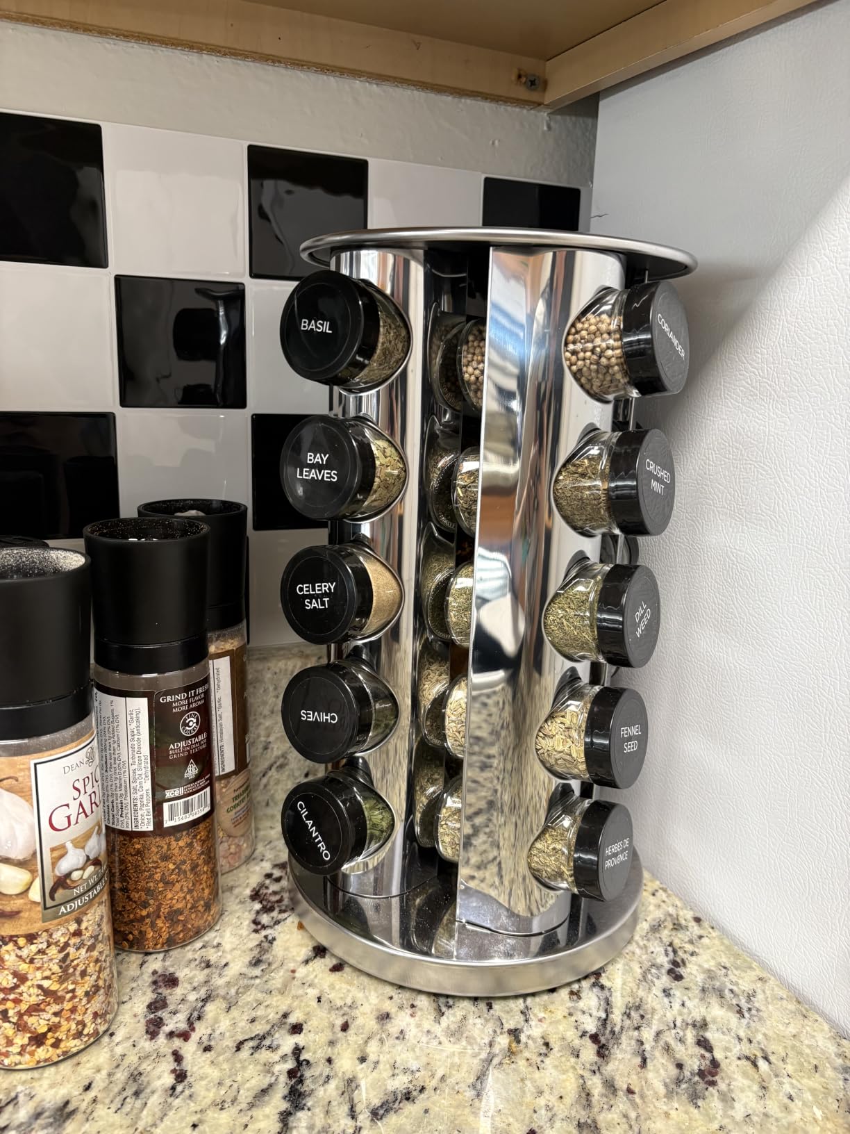 Kamenstein 20 Jar Revolving Countertop Spice Rack with Spices Included, FREE Spice Refills for 5 Years, Polished Stainless Steel with Black Caps, 30020 customer photo 2