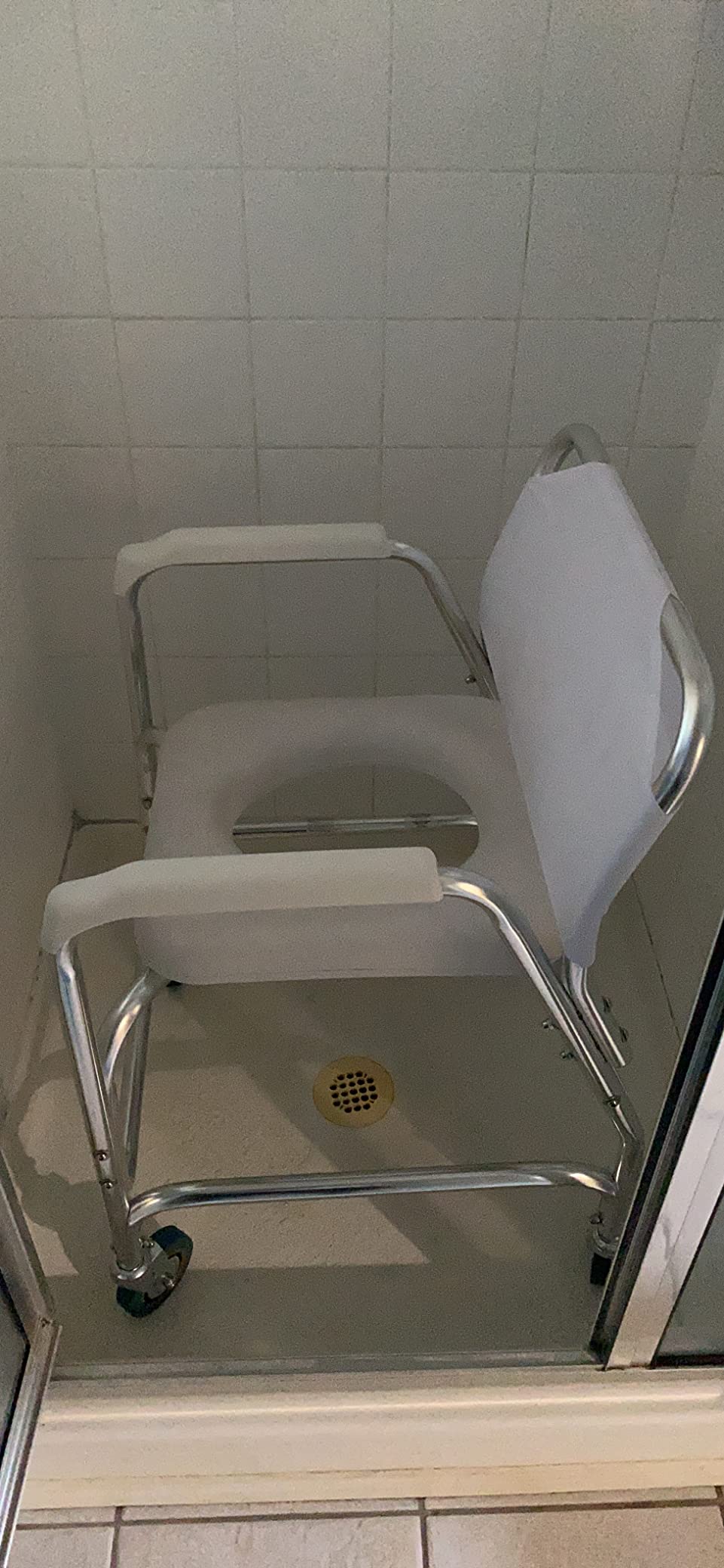 DMI Rolling Shower Chair, Commode, Transport Chair, FSA Eligible, Rolling Bathroom Wheelchair for Handicap, Elderly, Injured or Disabled, 250 Lb. Weight Capacity, Aluminum Frame, White customer photo 1