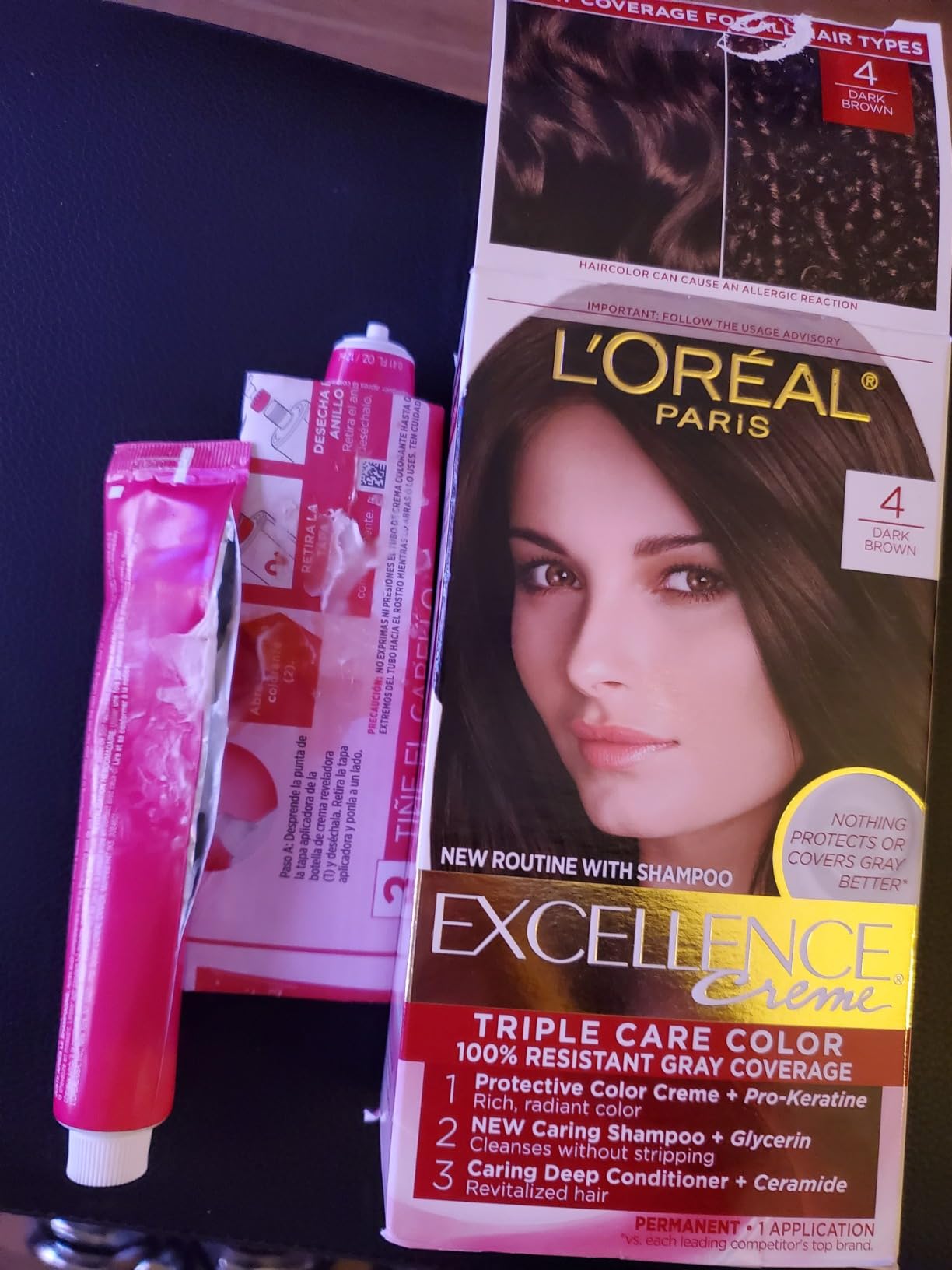 L'Oreal Paris Excellence Crème Permanent Hair Dye, Triple Care Hair Color with Hyaluronic Acid for 100% Gray Coverage, 4 Dark Brown, 1 Kit (Packaging May Vary) customer photo 2