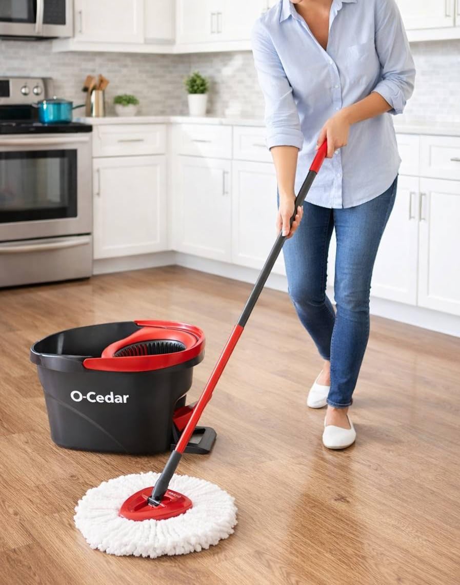 O-Cedar EasyWring Microfiber Spin Mop, Bucket Floor Cleaning System, Red, Gray, Standard customer photo 2