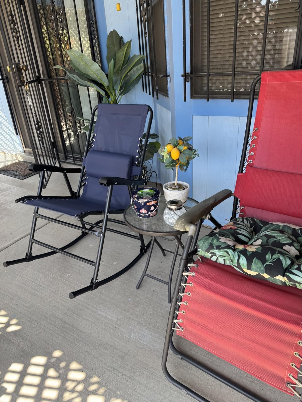 Amazon Basics Outdoor Portable Folding Rocking Chair with Headrest, Ergonomic Design, Weather-resistant Textilene Fabric for Porch, Blue customer photo 1