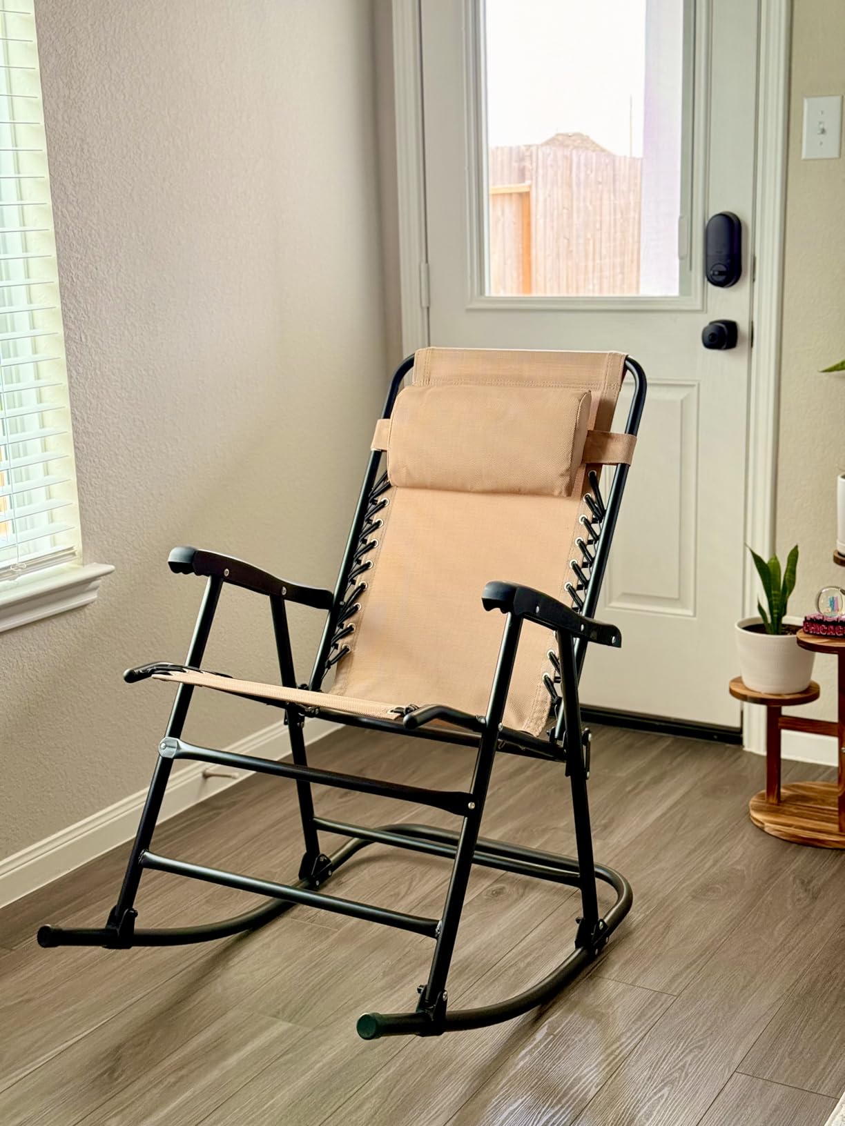 Amazon Basics Outdoor Portable Folding Rocking Chair with Headrest, Ergonomic Design, Weather-resistant Patio Reclining Lounge Chair for Porch, 33.6 x 37.4 x 26 inch, Beige customer photo 1