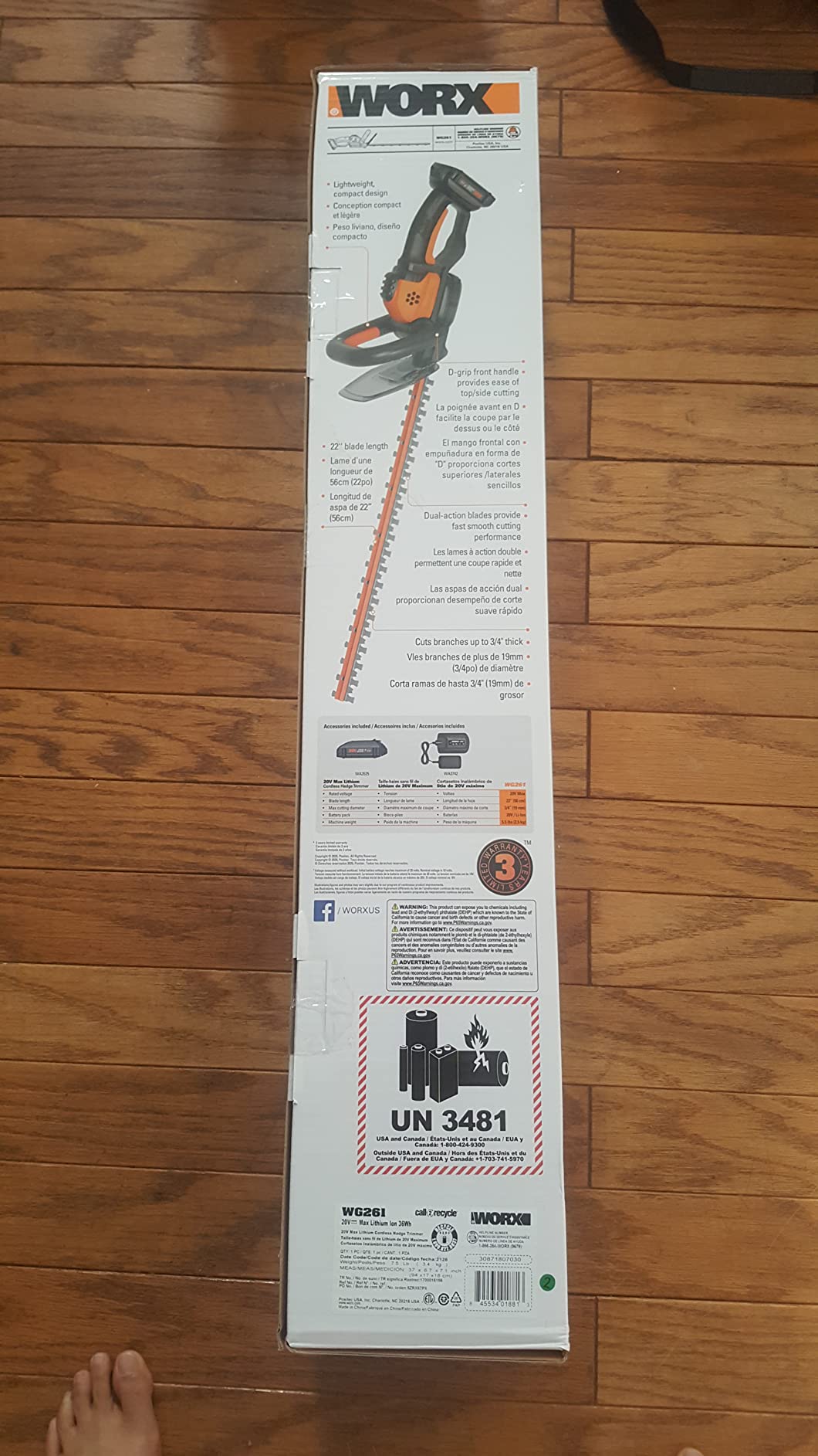 WORX Cordless Hedge Trimmer, 20V 22