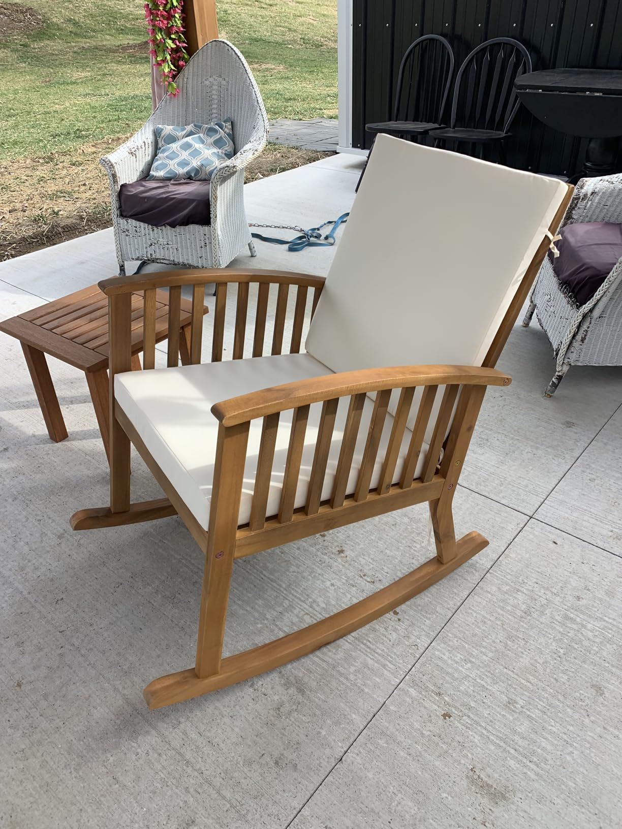 Tangkula Outdoor Acacia Wood Rocking Chair, Wooden Rocker w/Detachable Washable Cushions, Rocker for Porch Garden Patio Balcony Pool Indoor (1, Teak) customer photo 1