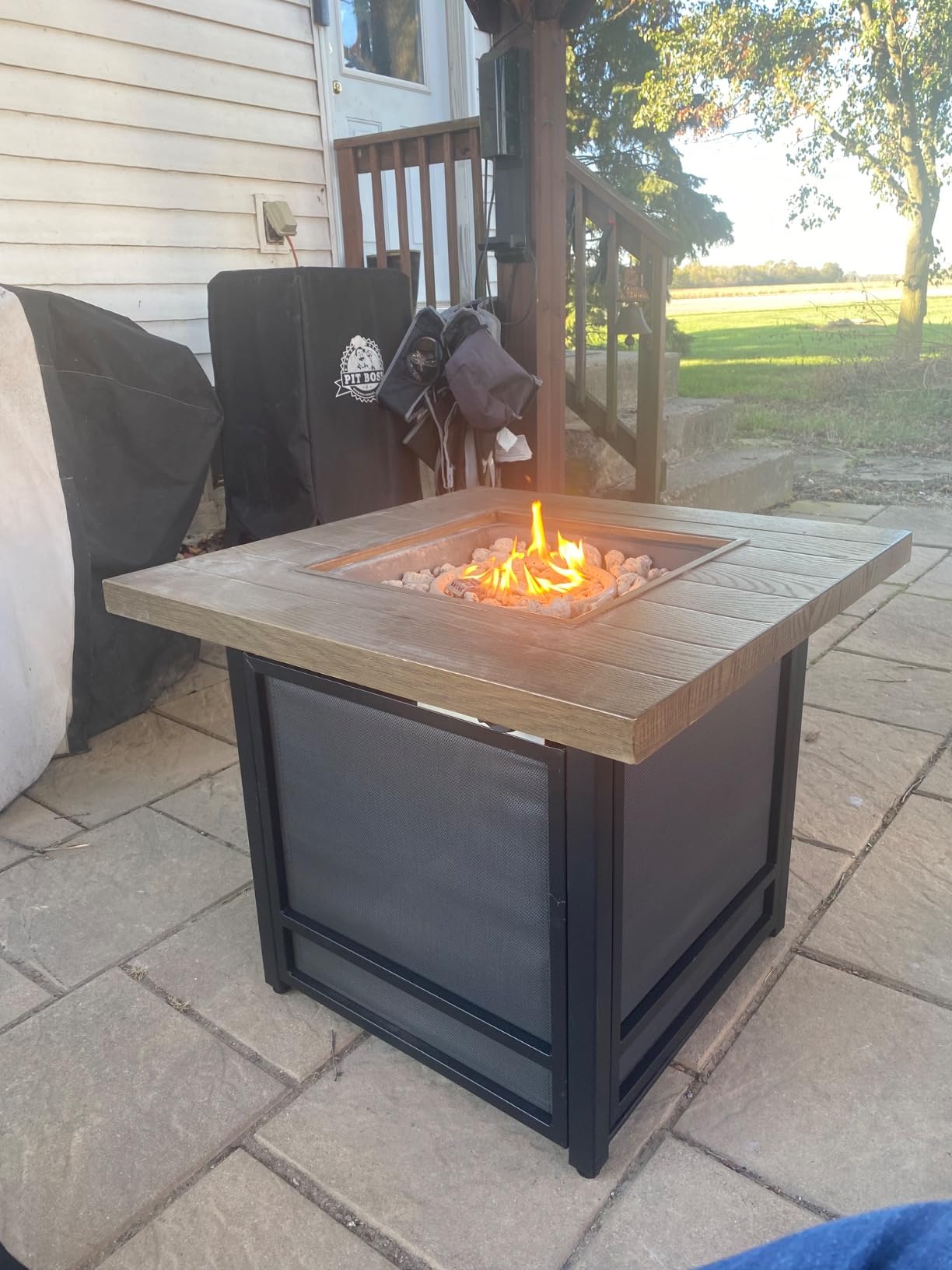Grand Patio Outdoor Gas Fire Pit Table 32-Inch Square Propane Gas Fire Pit with CSA Safety Approval 50000 BTU Heat Sling Base Ceramic Tile Top and Lava Rock for Garden, Backyard, and Deck Parties customer photo 1