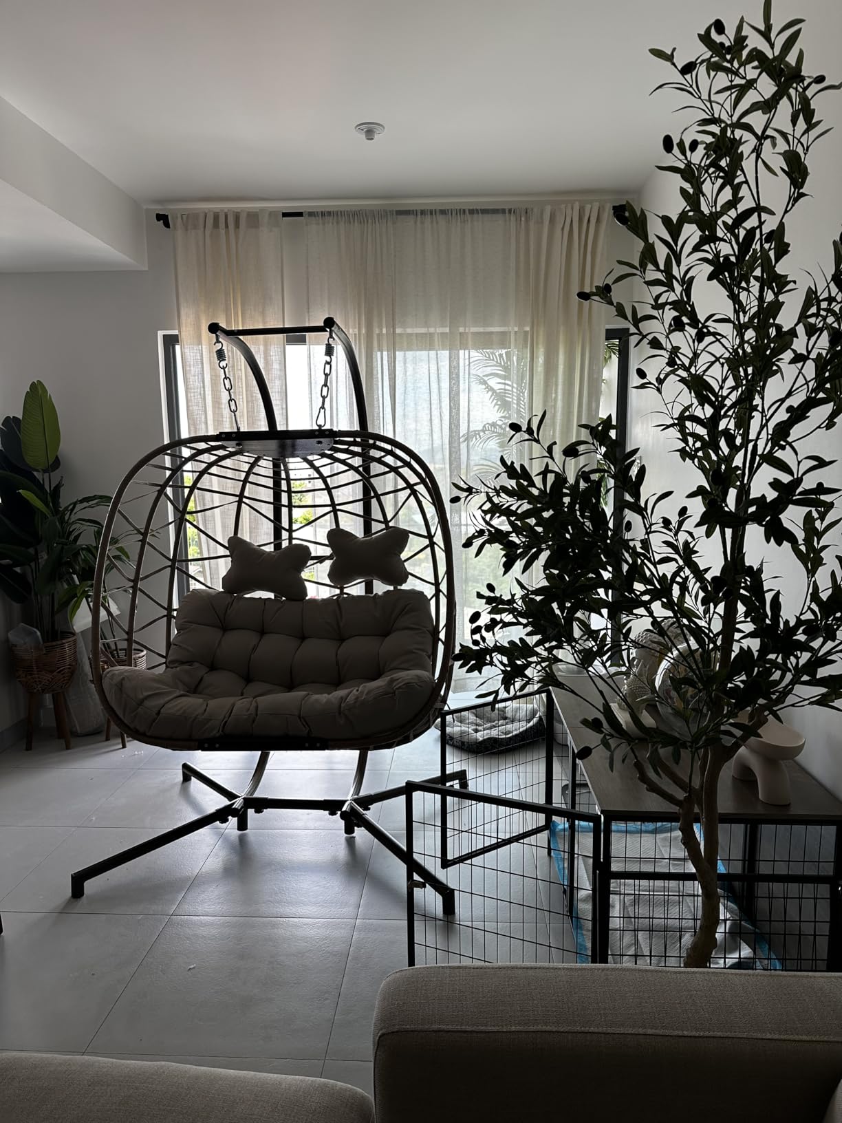NICESOUL Cozy Hanging Egg Chair with Stand Indoor Outdoor, Wicker Patio Basket Swing Chair with Cushion and Golden Legs, 350lbs Durable Sturdy Egg Hammock Chairs for Deck Balcony Backyard Porch, Cream customer photo 1