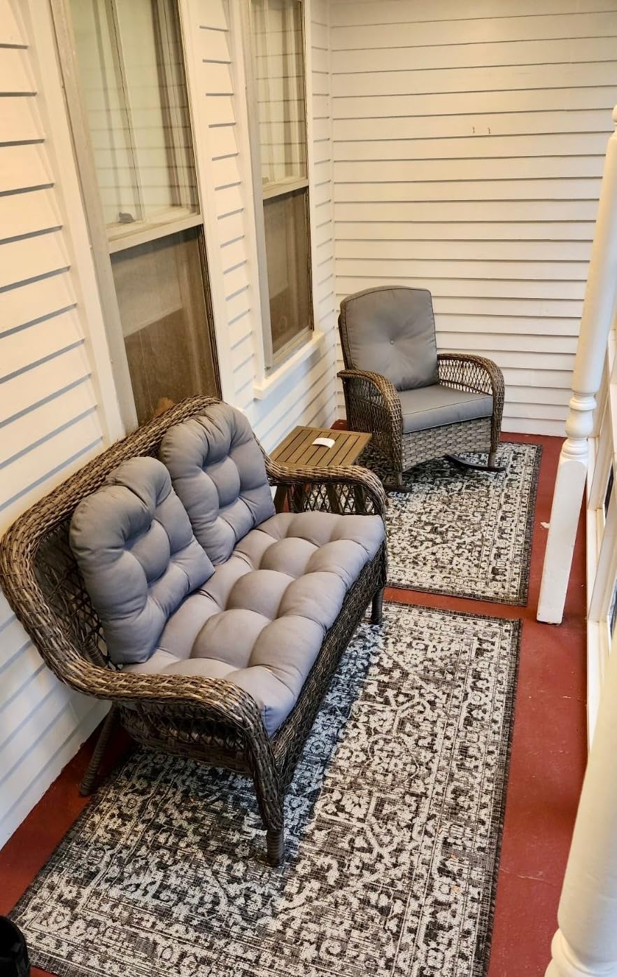 VIVIJASON Outdoor Wicker Rocking Chair, Patio Rattan Rocker Chair with Cushions & Steel Frame, All-Weather Rocking Lawn Wicker Furniture for Garden Backyard Porch (Beige) customer photo 1