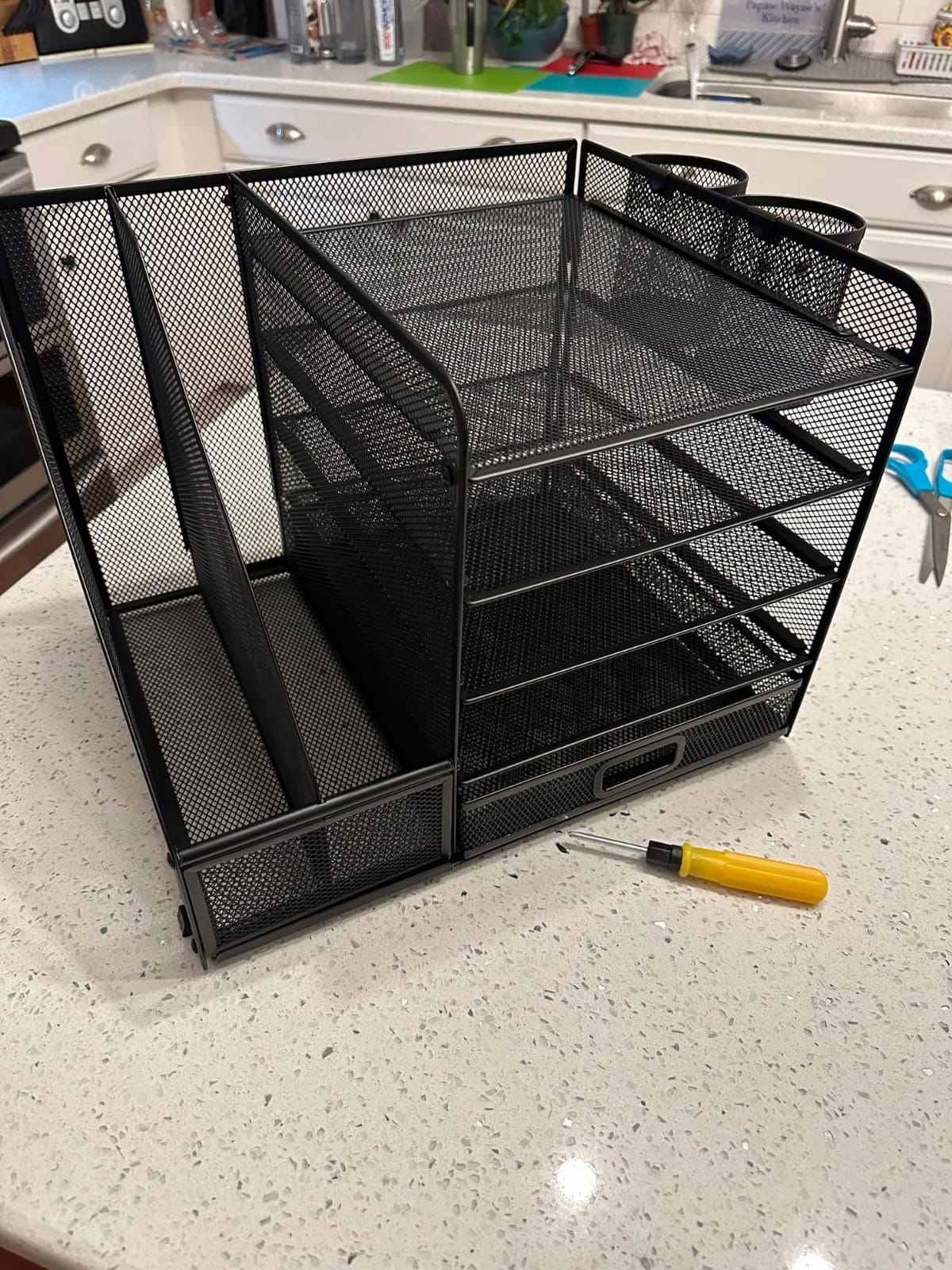 Marbrasse Desk Organizer with File Holder, 5-Tier Paper Letter Tray Organizer with Drawer and 2 Pen Holder, Mesh Desktop Organizer and Storage with Magazine Holder for Office Supplies(Black) customer photo 1