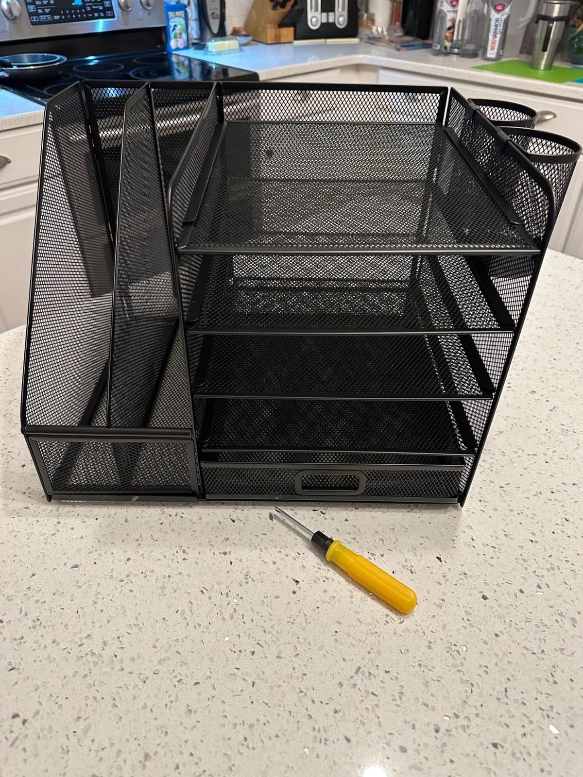 Marbrasse Desk Organizer with File Holder, 5-Tier Paper Letter Tray Organizer with Drawer and 2 Pen Holder, Mesh Desktop Organizer and Storage with Magazine Holder for Office Supplies(Black) customer photo 2