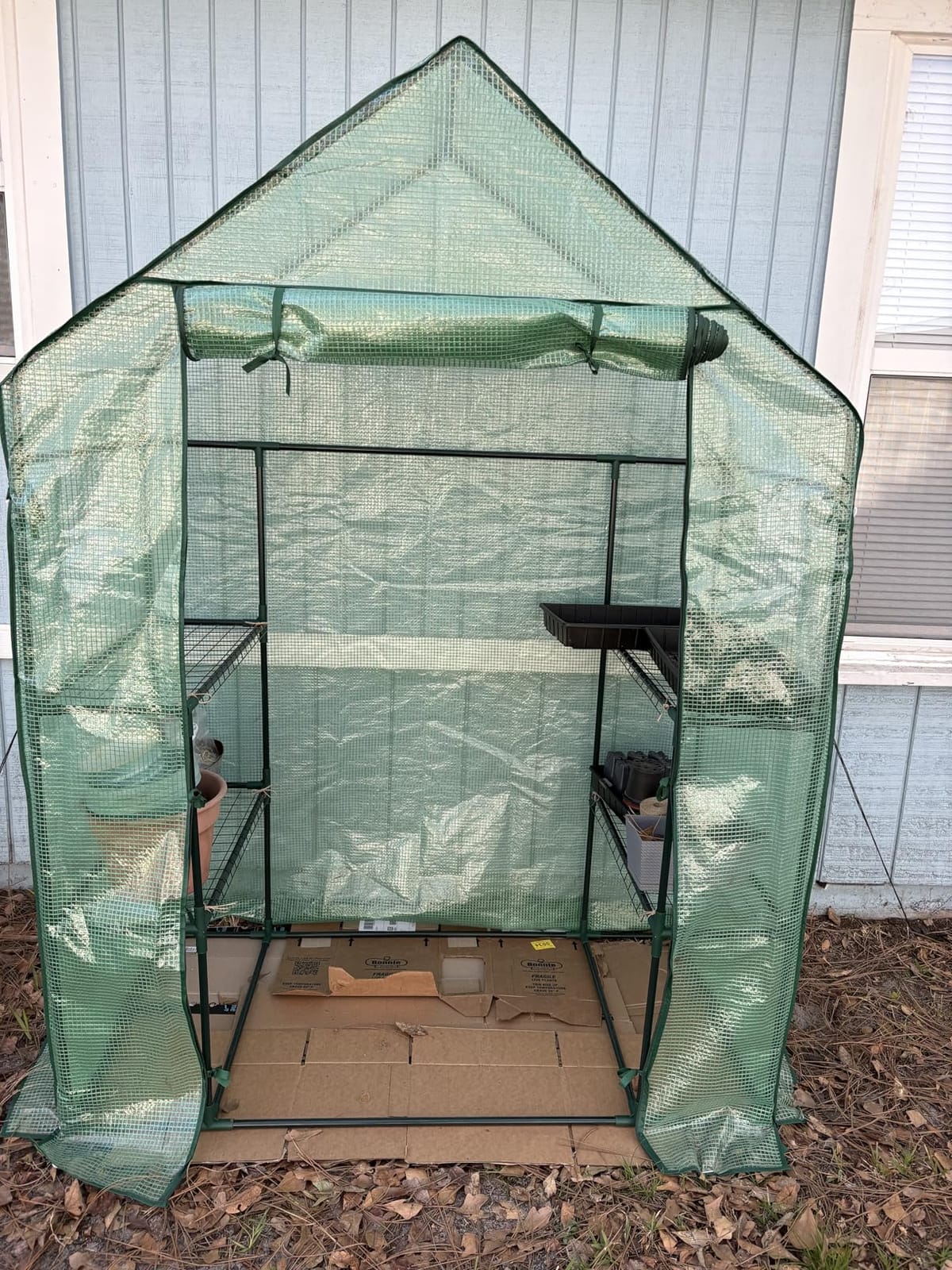 Walk in Greenhouse with Shelves,Walk-in Plant Plastic Green House with Windows Green PE Cover, 3 Tiers 6 Shelves Greenhouse Frame Stands with Ground Pegs & Ropes,56