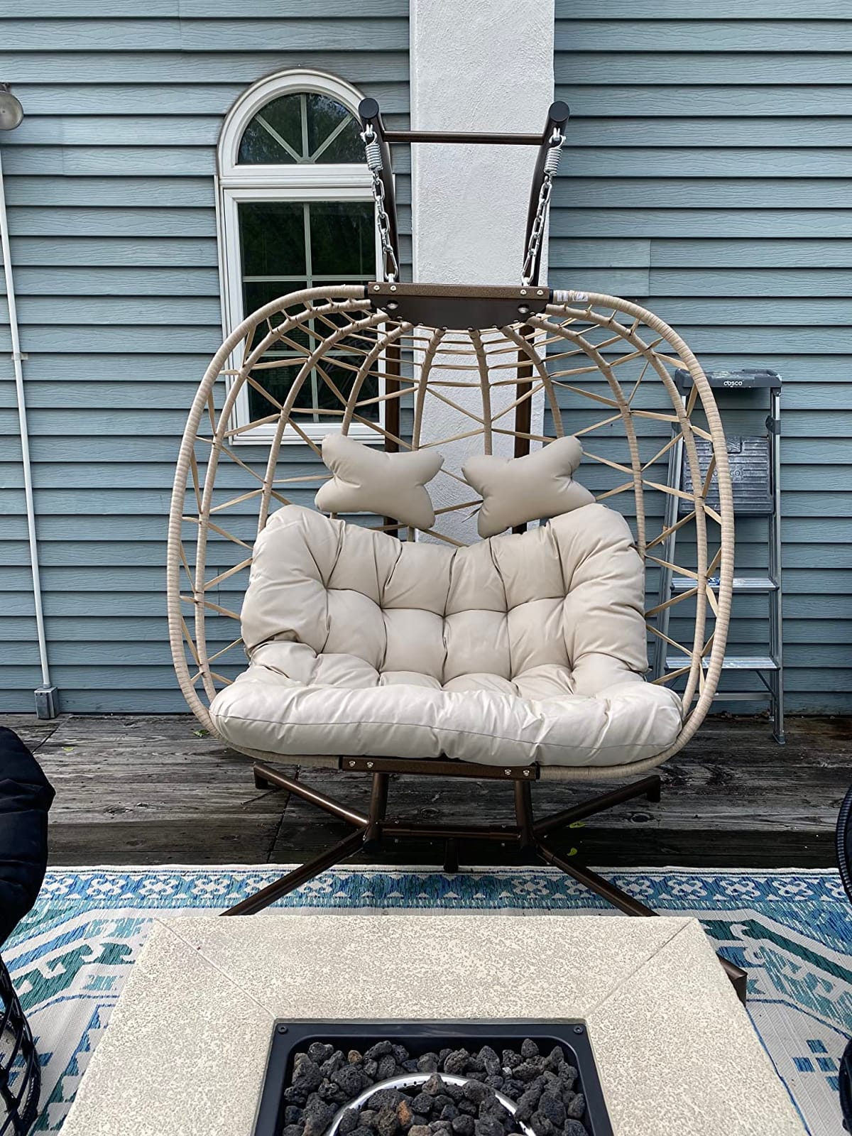 RADIATA Egg Chair Outdoor with Stand, PE Wicker Hanging Swing Egg Chair | 350 lbs Heavy Duty, Beige, Foldable, PE Rattan Swing Hammock Chair, Hanging Egg Chair with Thick Cushion for Patio Garden customer photo 2