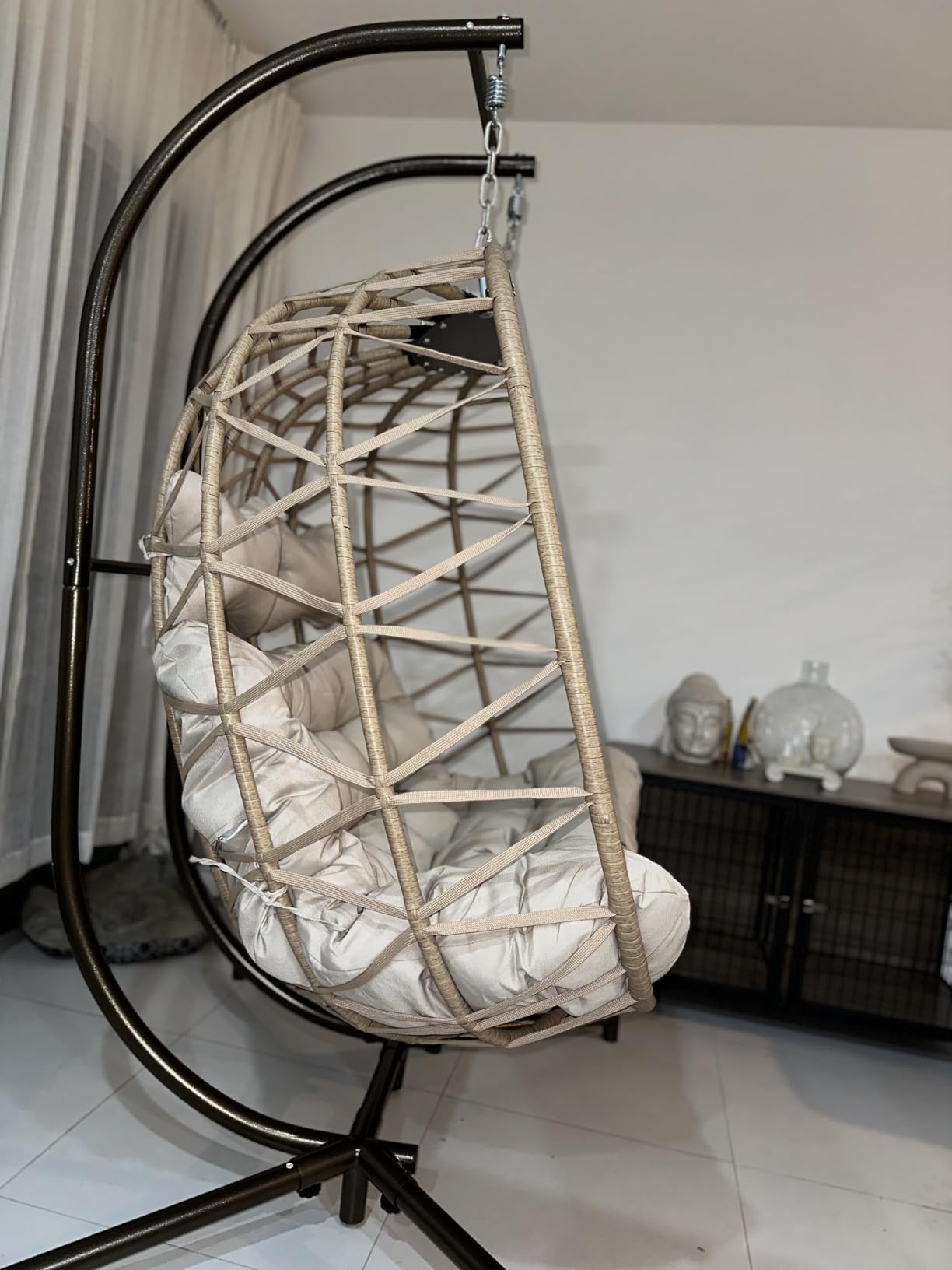 NICESOUL Double Swing Egg Chair with Stand, Extra Large 2 Person Indoor Outdoor Wicker Loveseat, Oversized Patio Hanging Basket Chair with Cushions, Cozy Sturdy Porch Swing for Backyard Balcony, Beige customer photo 2